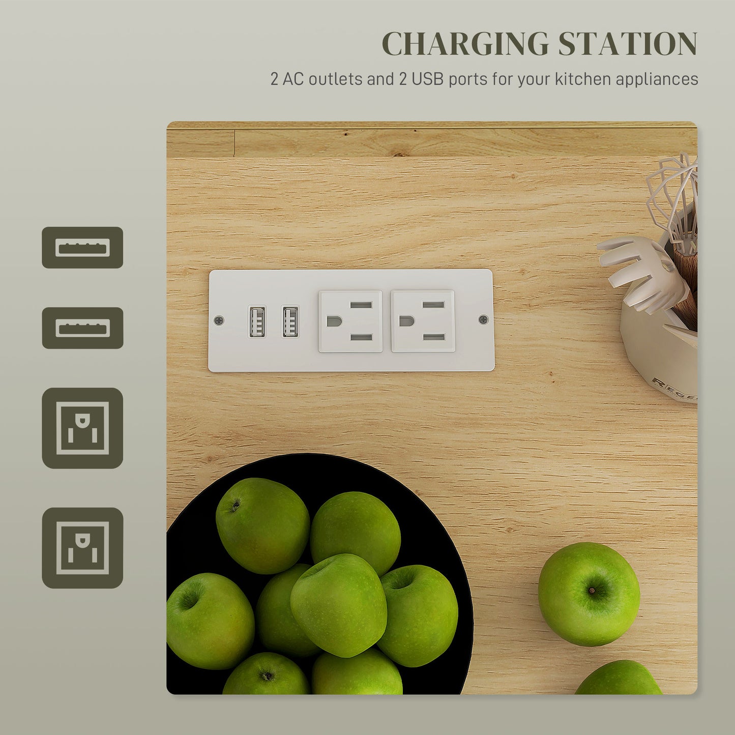 White charging station with  AC outlets and  USB ports for kitchen appliances