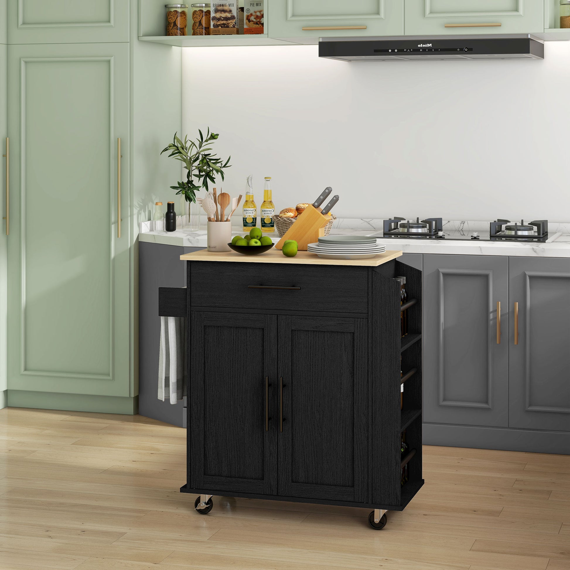 Black mobile kitchen island with wood top towel rack and wine storage