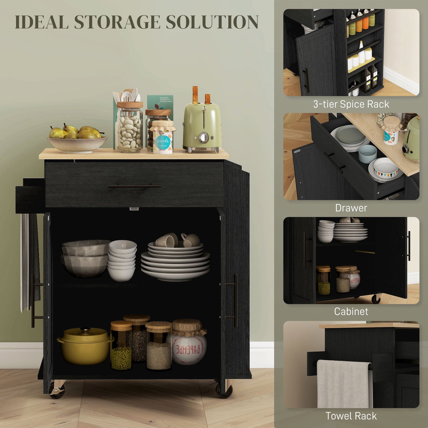 Black kitchen island cart with open storage and a towel rack for practical kitchen organization