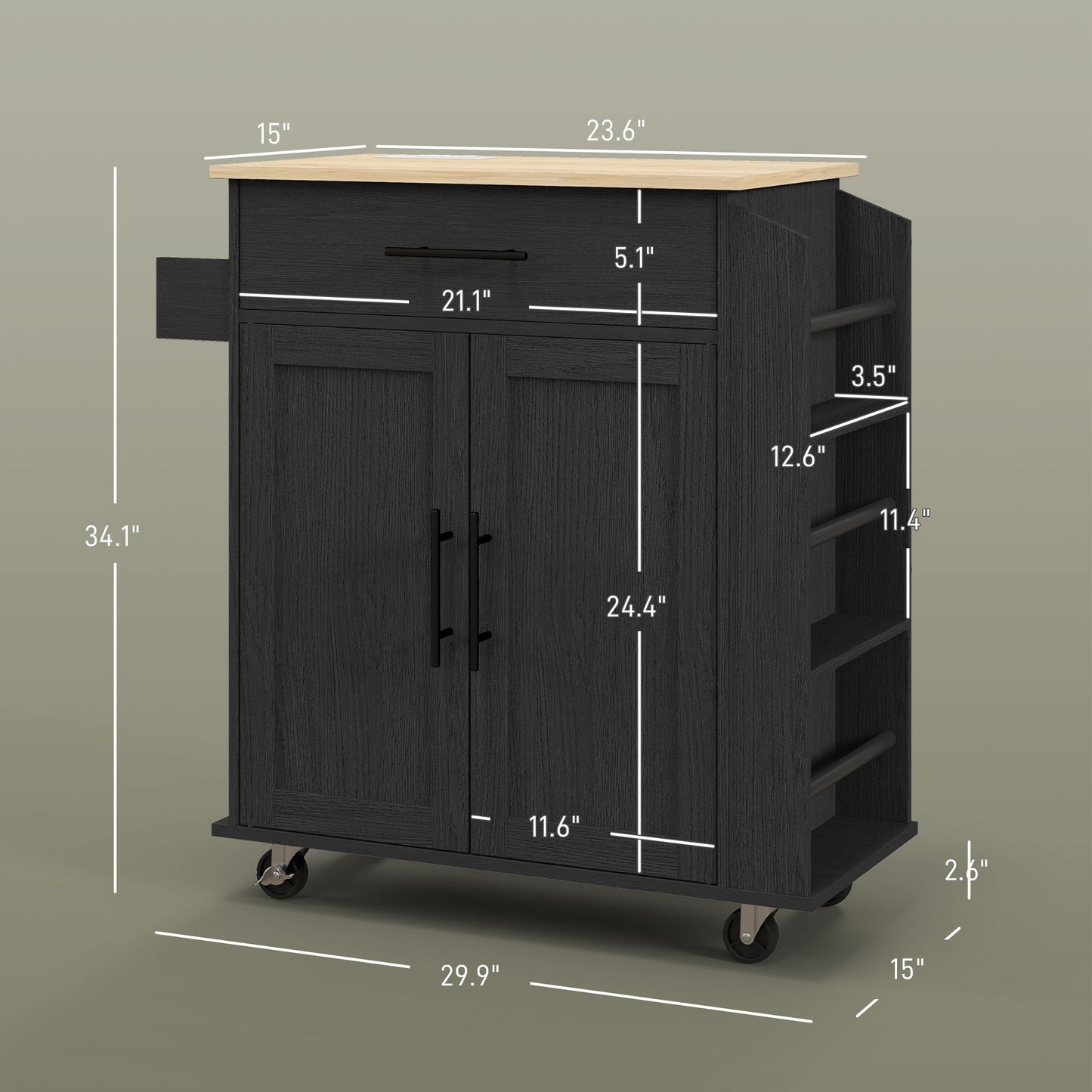Black kitchen island with butcher block top and side shelving on wheels