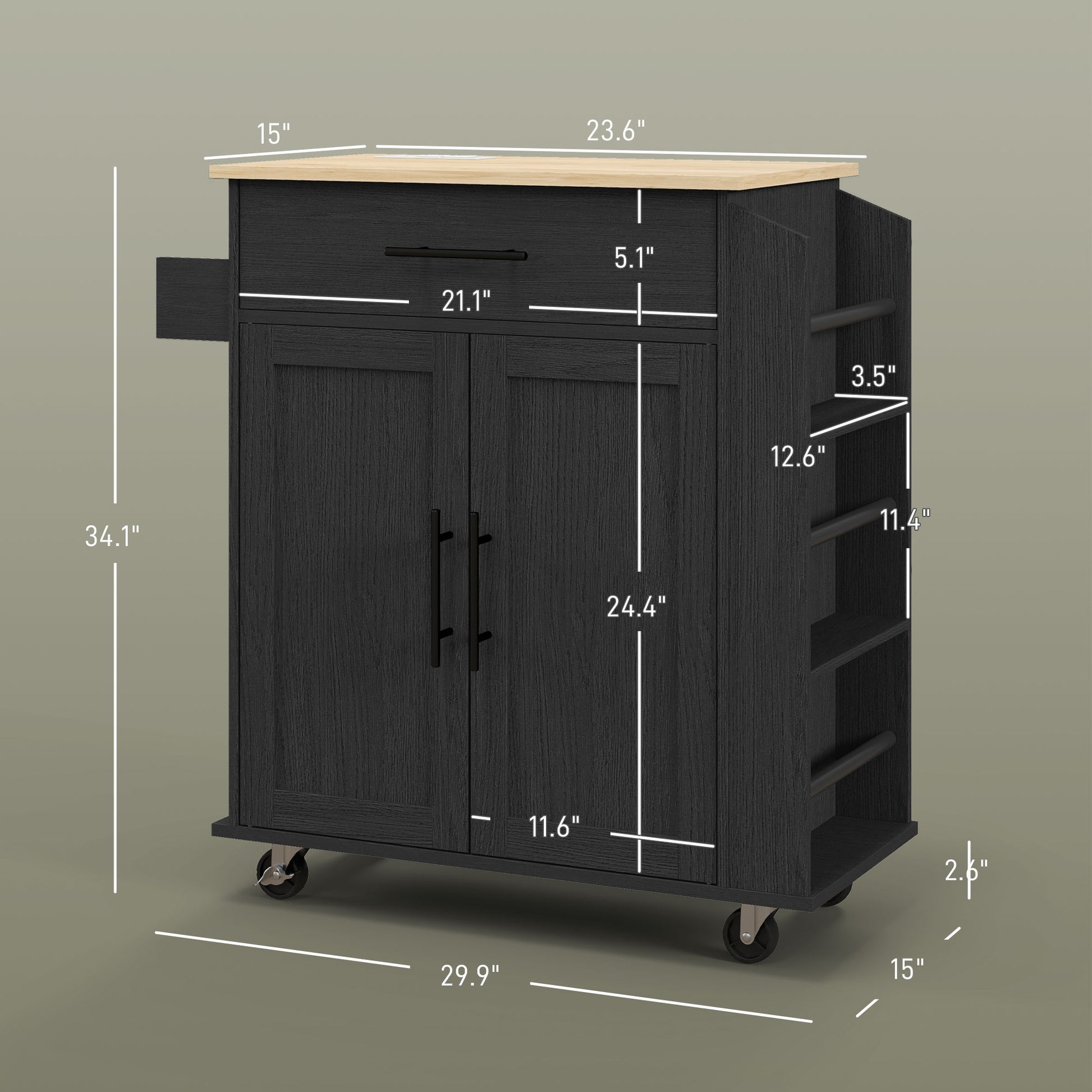 Black kitchen island with butcher block top and side shelving on wheels