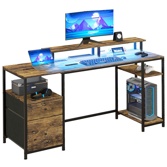 Rustic wood computer desk with LED lighting monitor riser and gaming setup