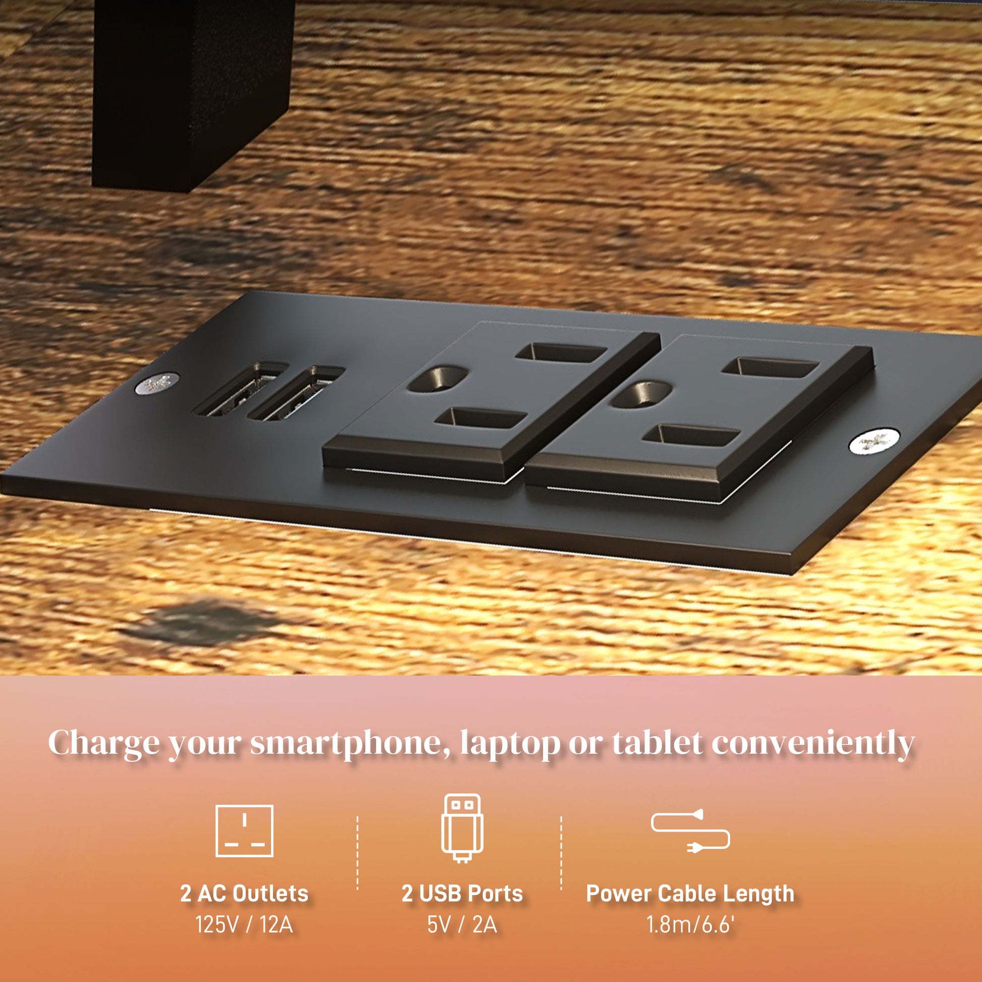 Black integrated power hub with  AC outlets and  USB ports on a woodgrain surface