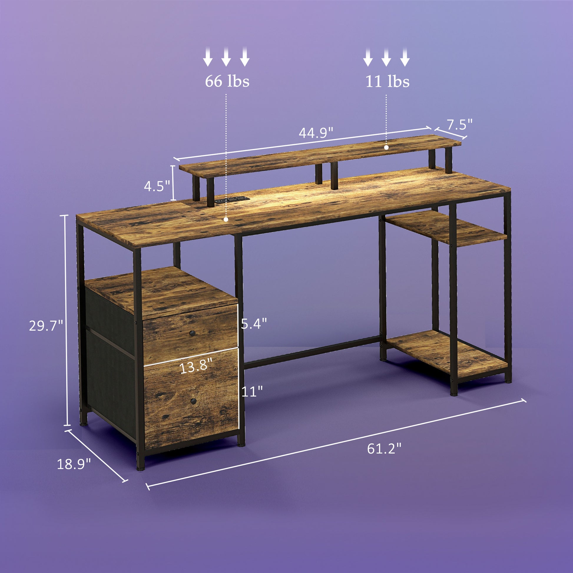 Rustic wood finish computer desk with drawers and hutch  wide