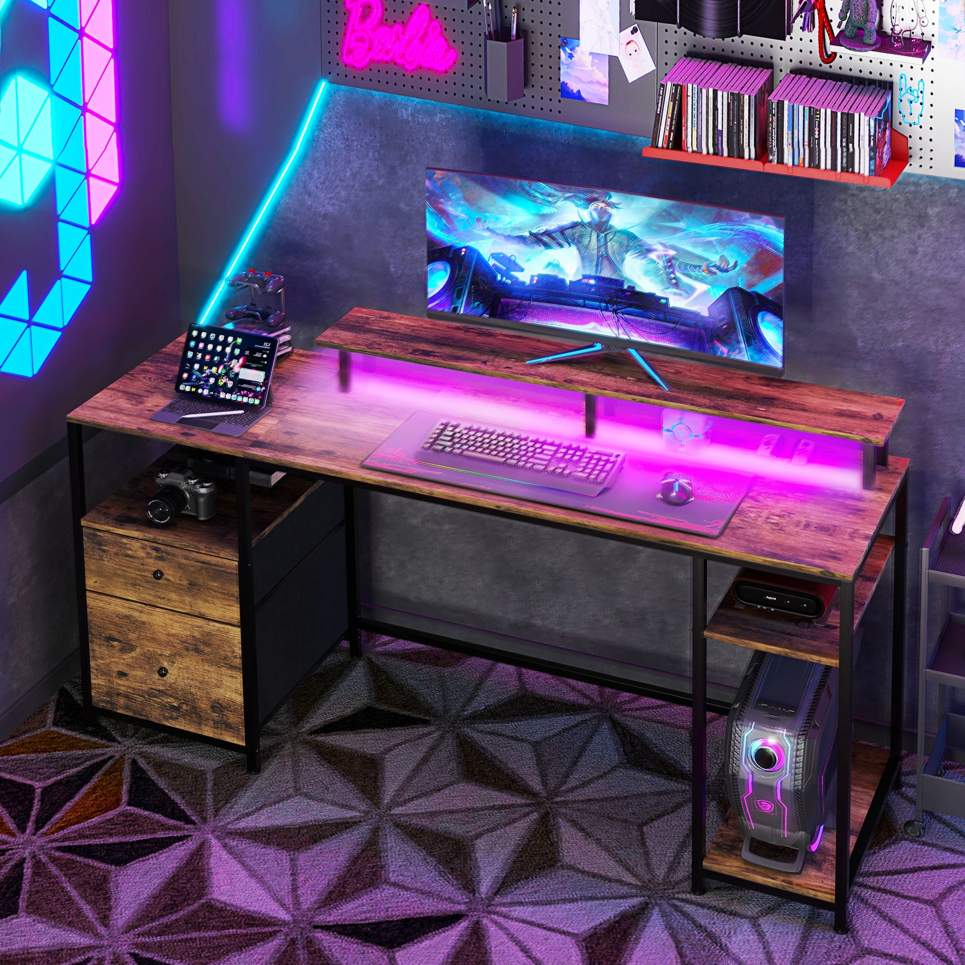 Rustic wood grain gaming desk with RGB lighting perfect for a gamers setup