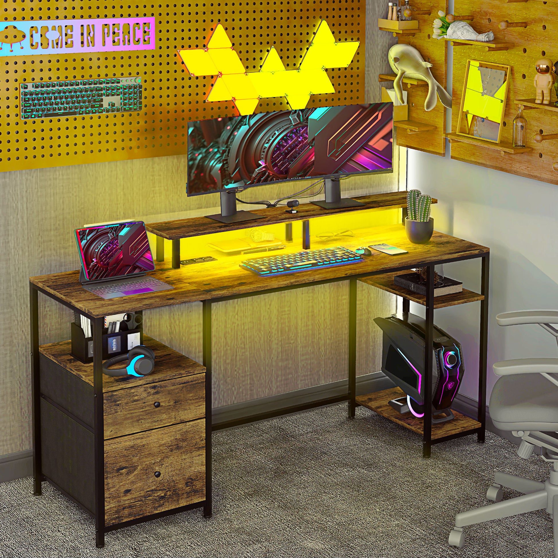 Rustic brown wood computer desk with black metal frame and ample workspace for gaming setup