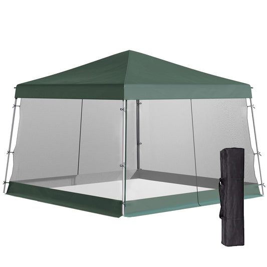 Dark green screened canopy shelter with mesh walls for outdoor events