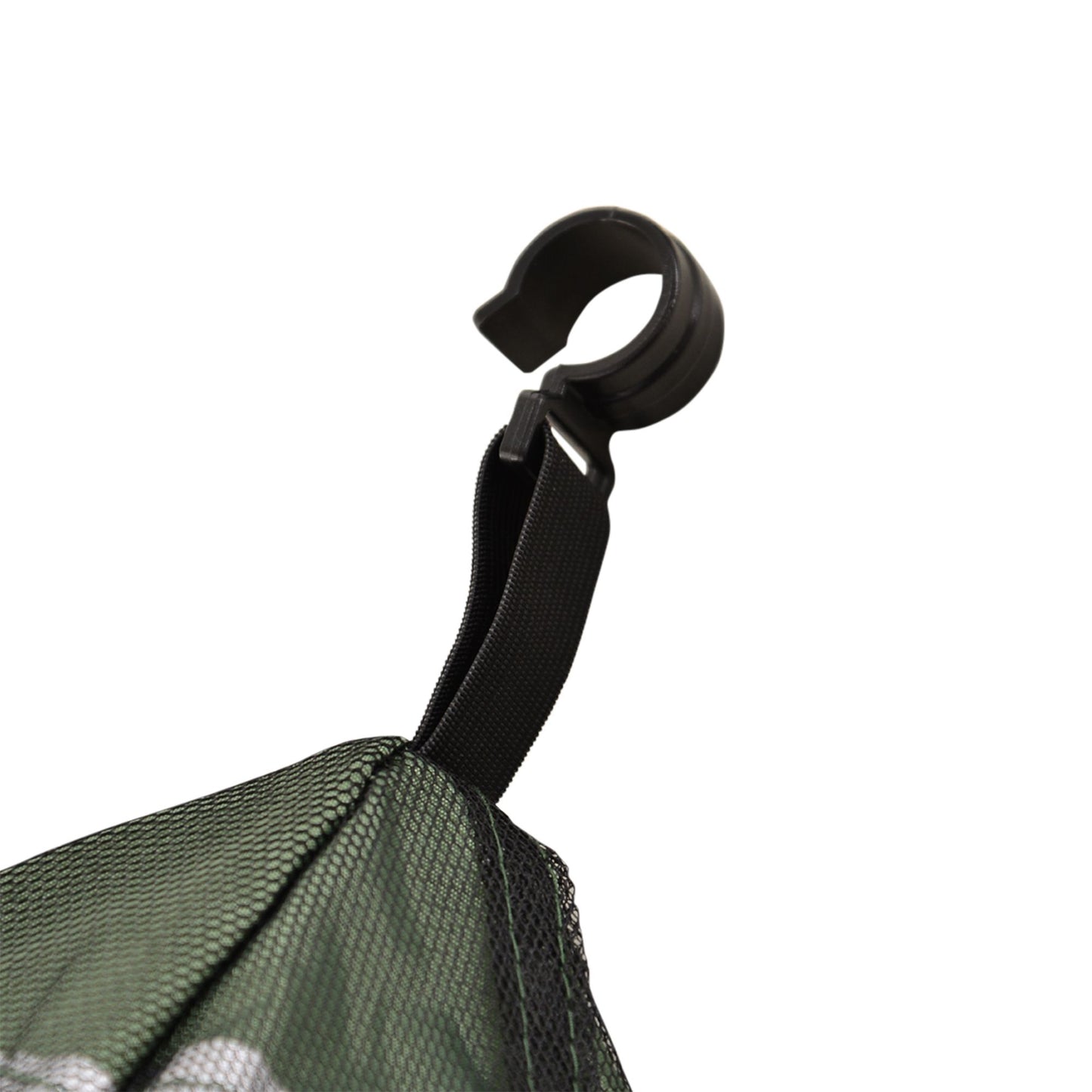 Black plastic carabiner clip attached to a green mesh bag strap
