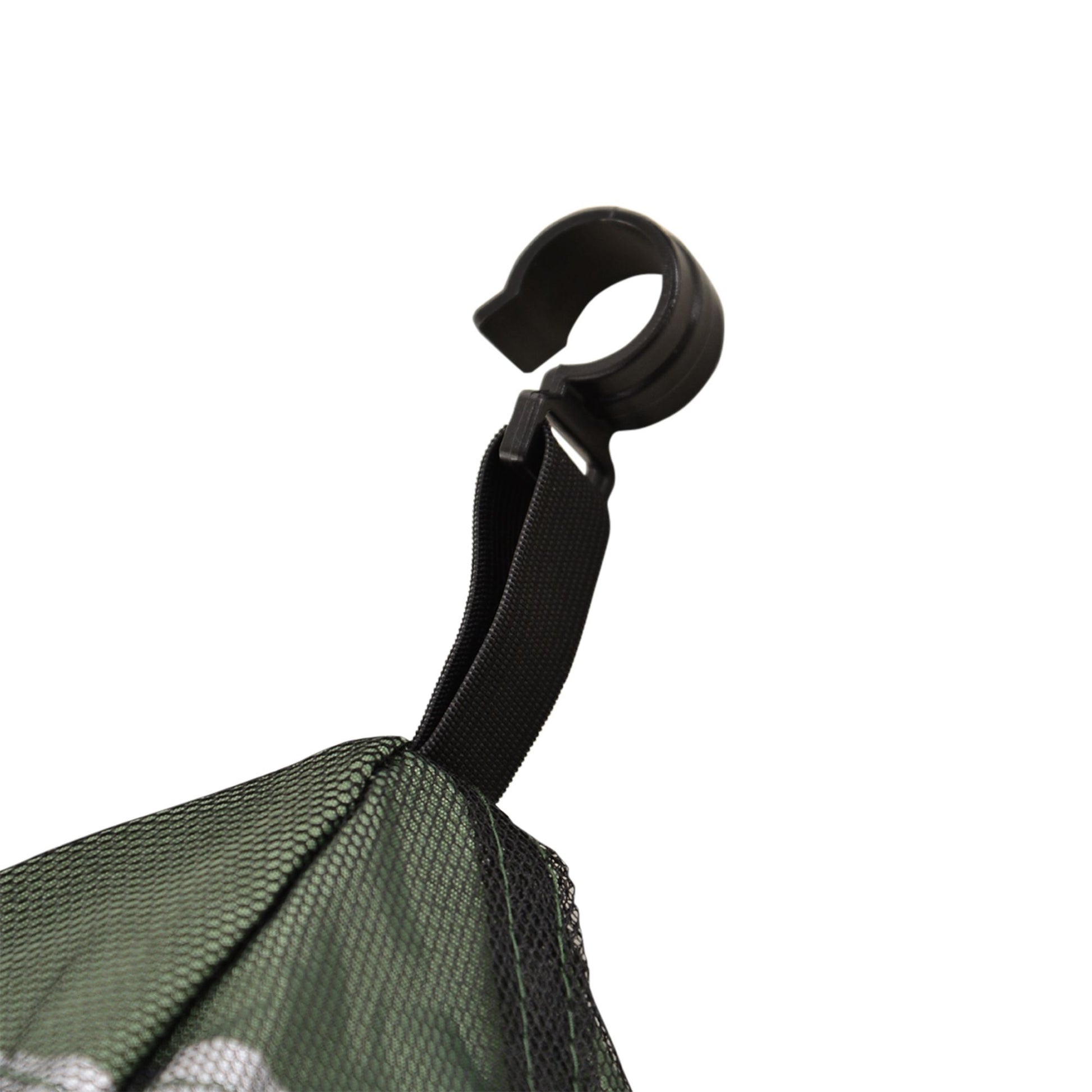 Black plastic carabiner clip attached to a green mesh bag strap