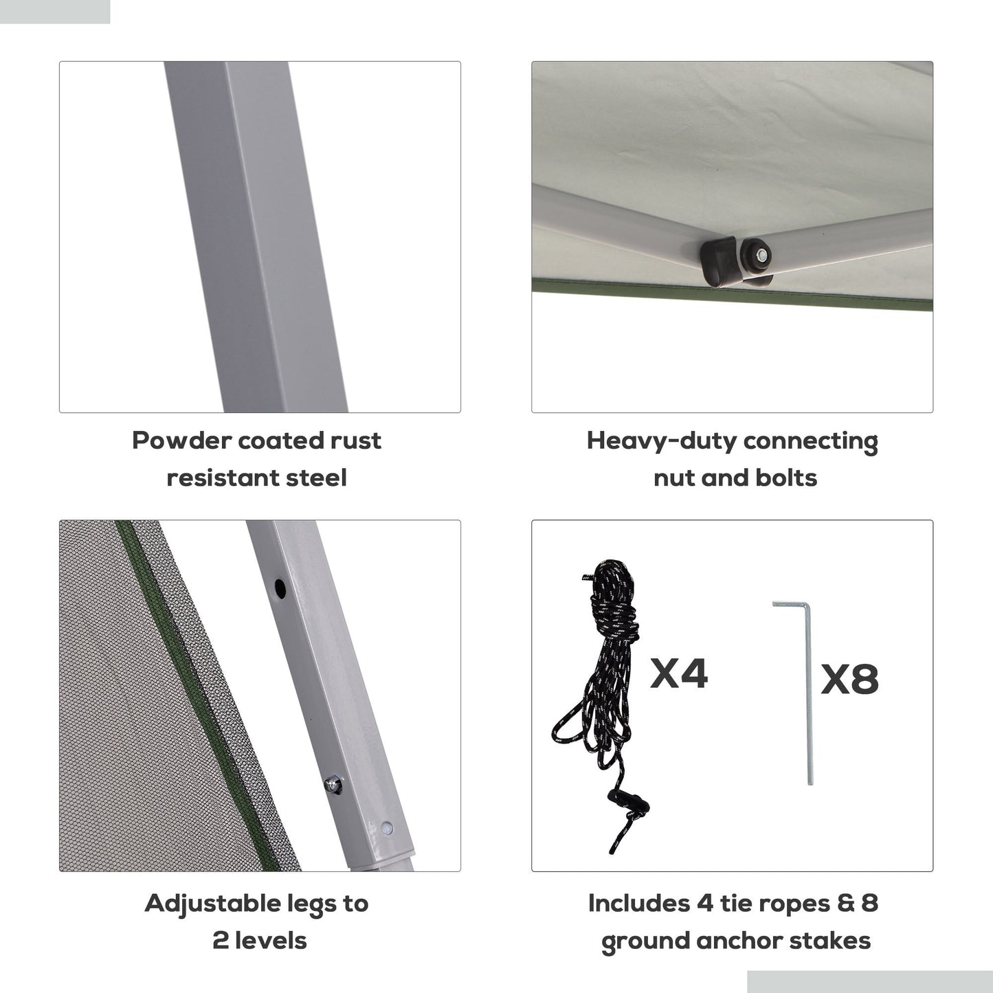 Powder coated rust resistant steel frame legs for outdoor canopy durability