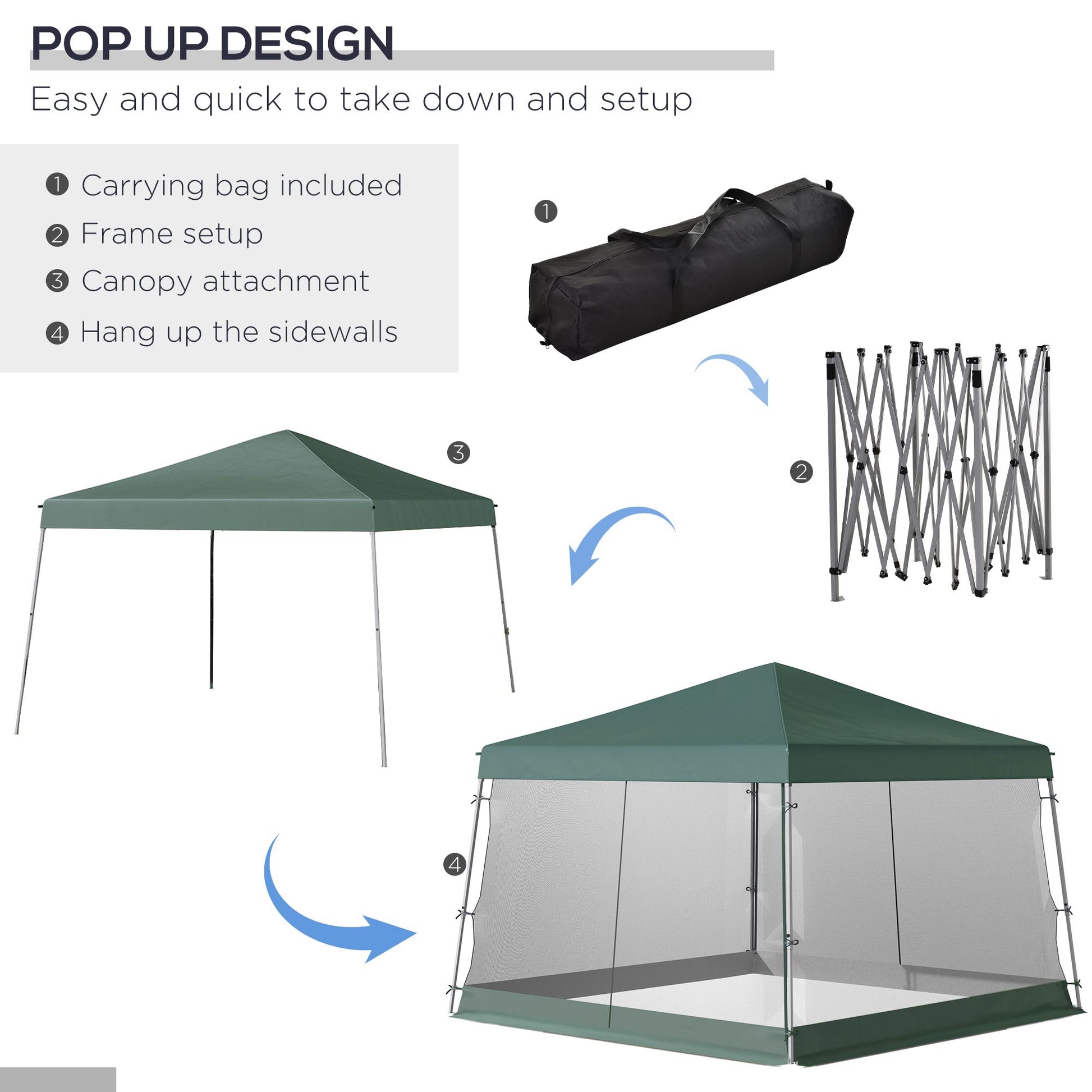 Green popup canopy with attached mesh sidewalls for outdoor use