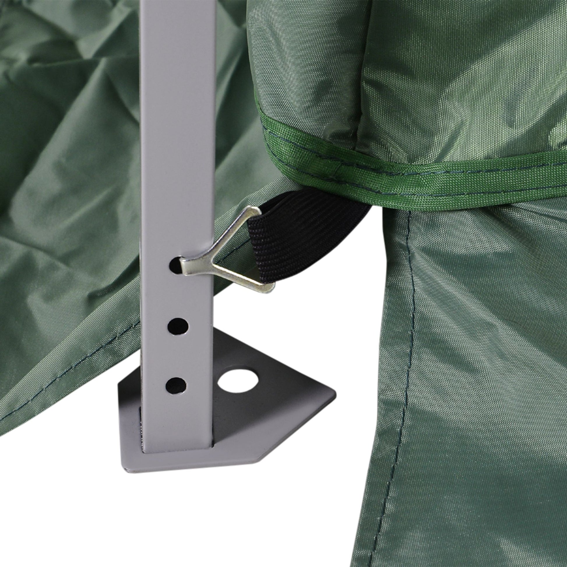 Green canopy fabric with reinforced edging and adjustable strap system