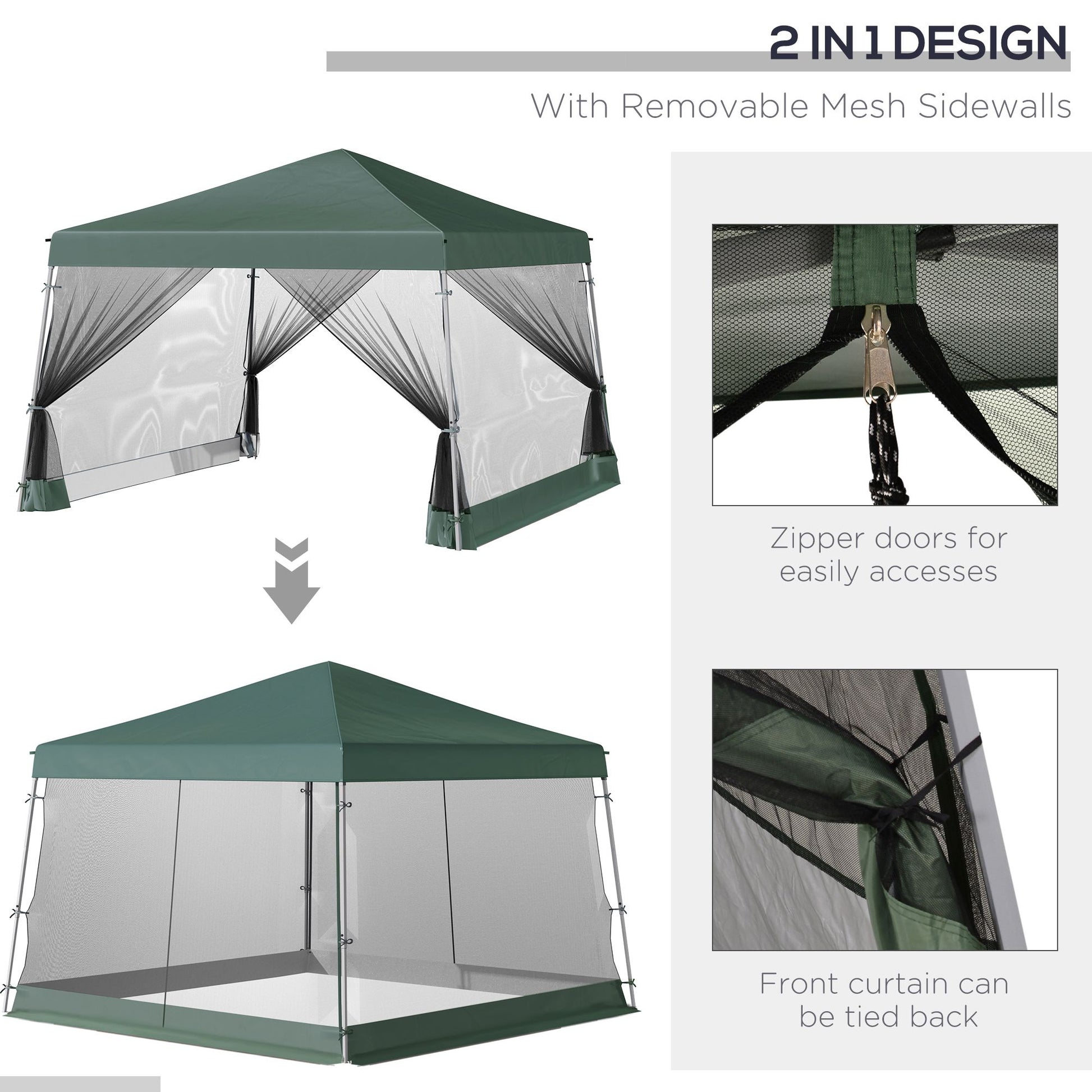 Green canopy tent with removable mesh sidewalls and zipper doors
