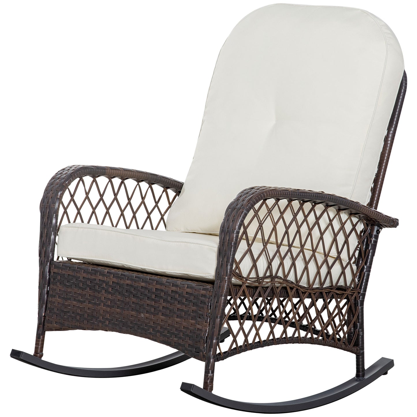 Dark brown wicker rocking chair with cream cushion perfect for patio relaxation