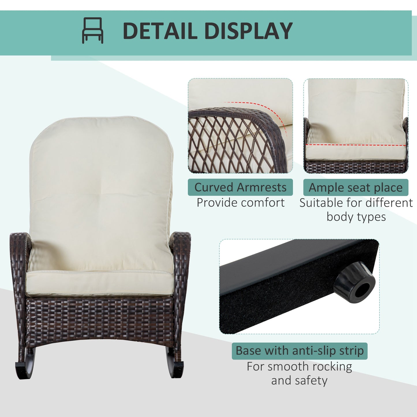 Brown wicker rocking chair with beige cushions featuring curved armrests for comfort