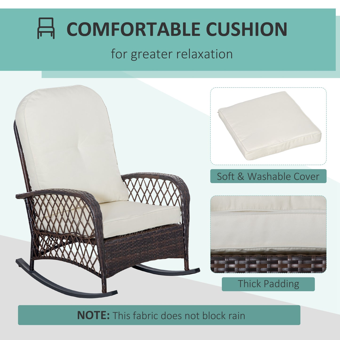 Brown wicker rocking chair with thick creamcolored cushions for outdoor relaxation