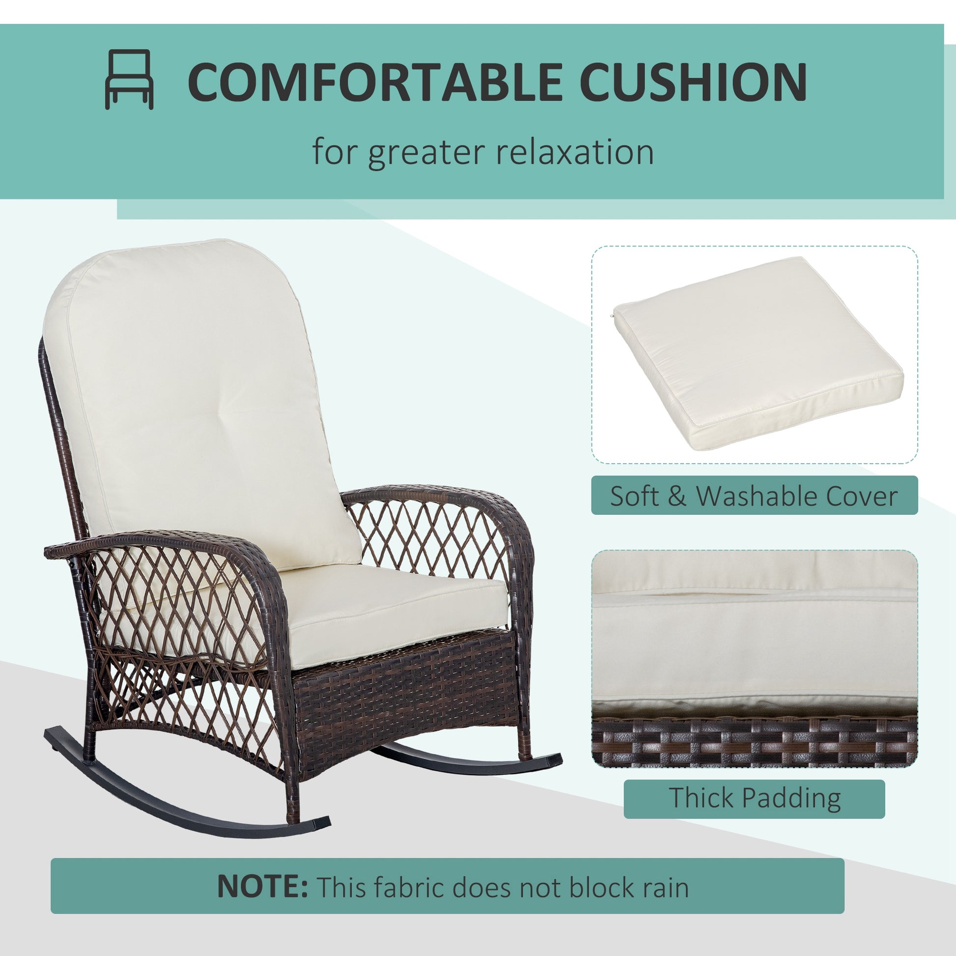 Brown wicker rocking chair with thick creamcolored cushions for outdoor relaxation