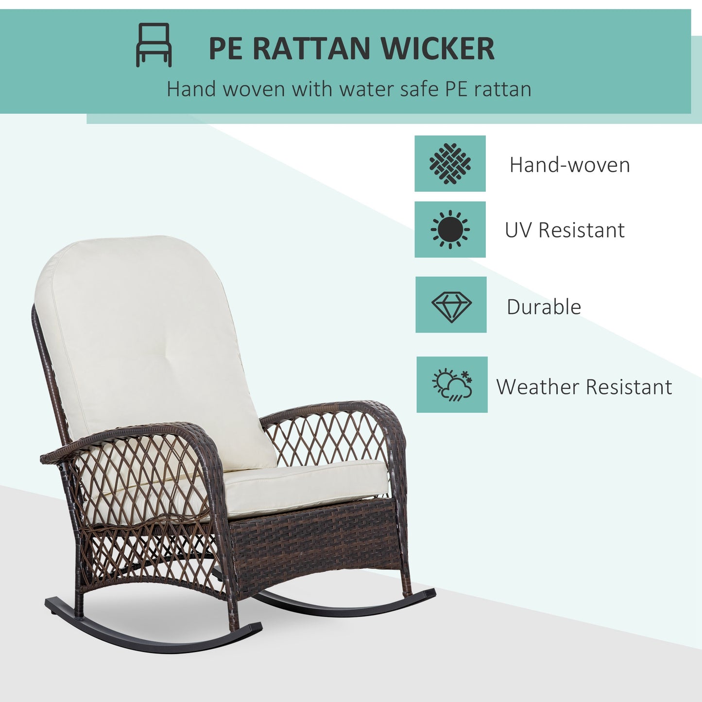 Brown PE rattan wicker rocking chair with cream cushion