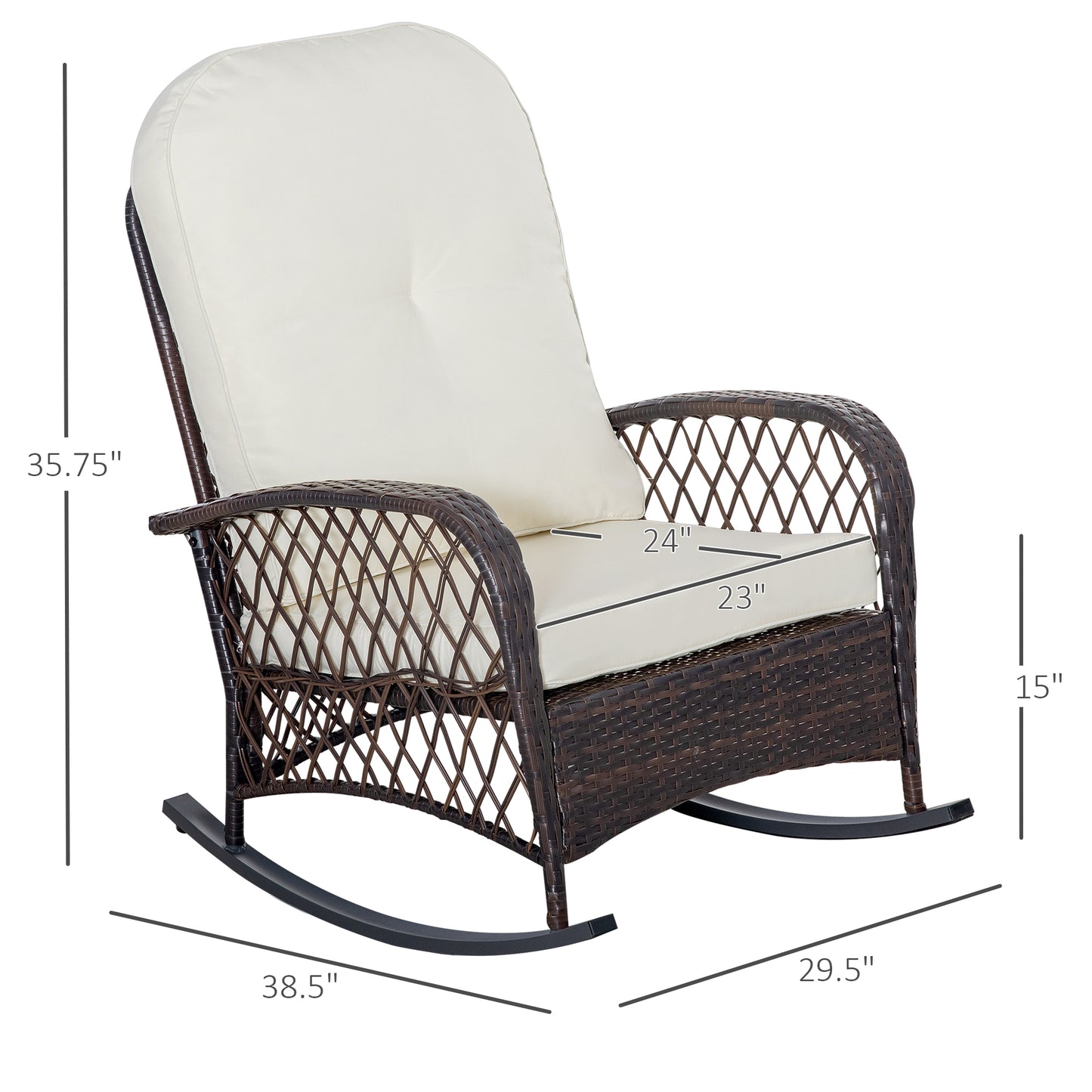 Dark brown wicker rocking chair with a cream cushion for outdoor seating