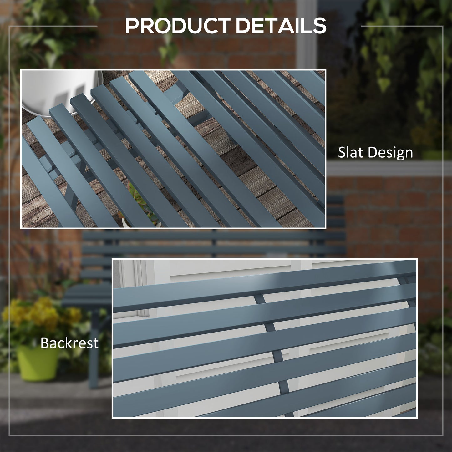 Closeup of a dark teal metal bench with a slat design on a wooden deck