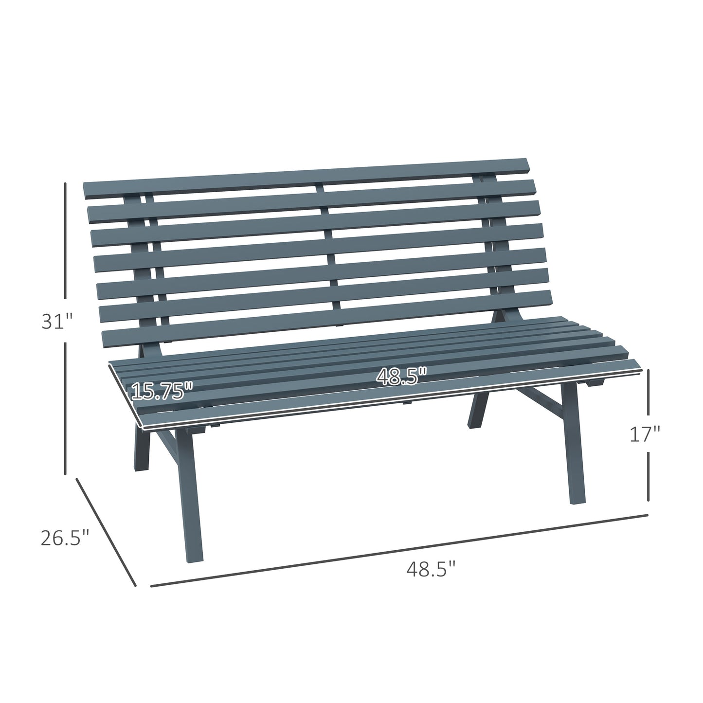 Dark gray slatted outdoor bench with detailed dimensions for seating and height