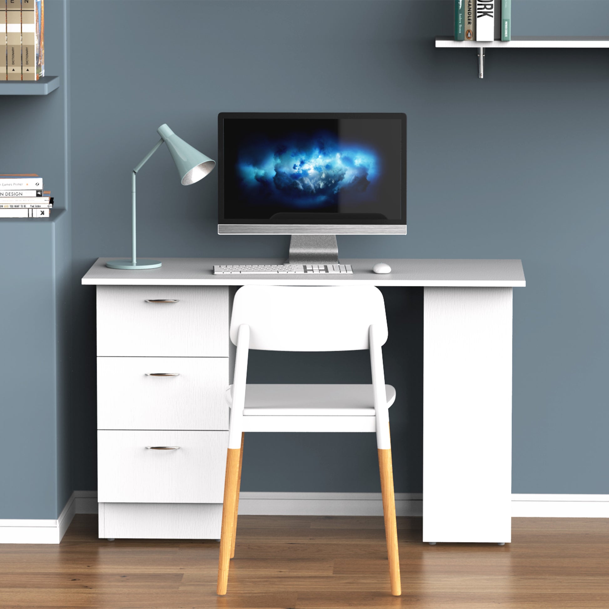 White modern desk with computer keyboard mouse and a mint green desk lamp