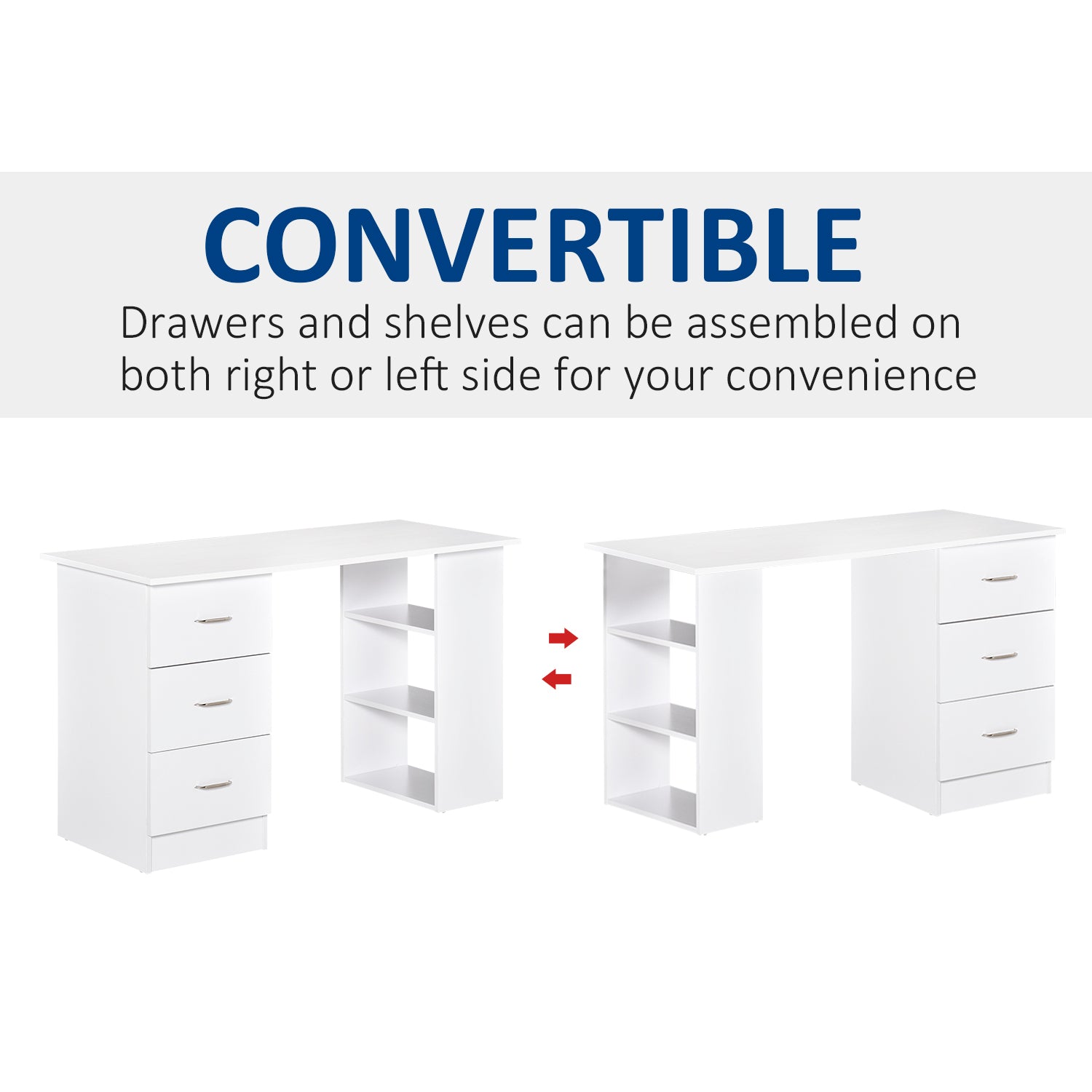 White convertible desk with drawers on left and shelves on right