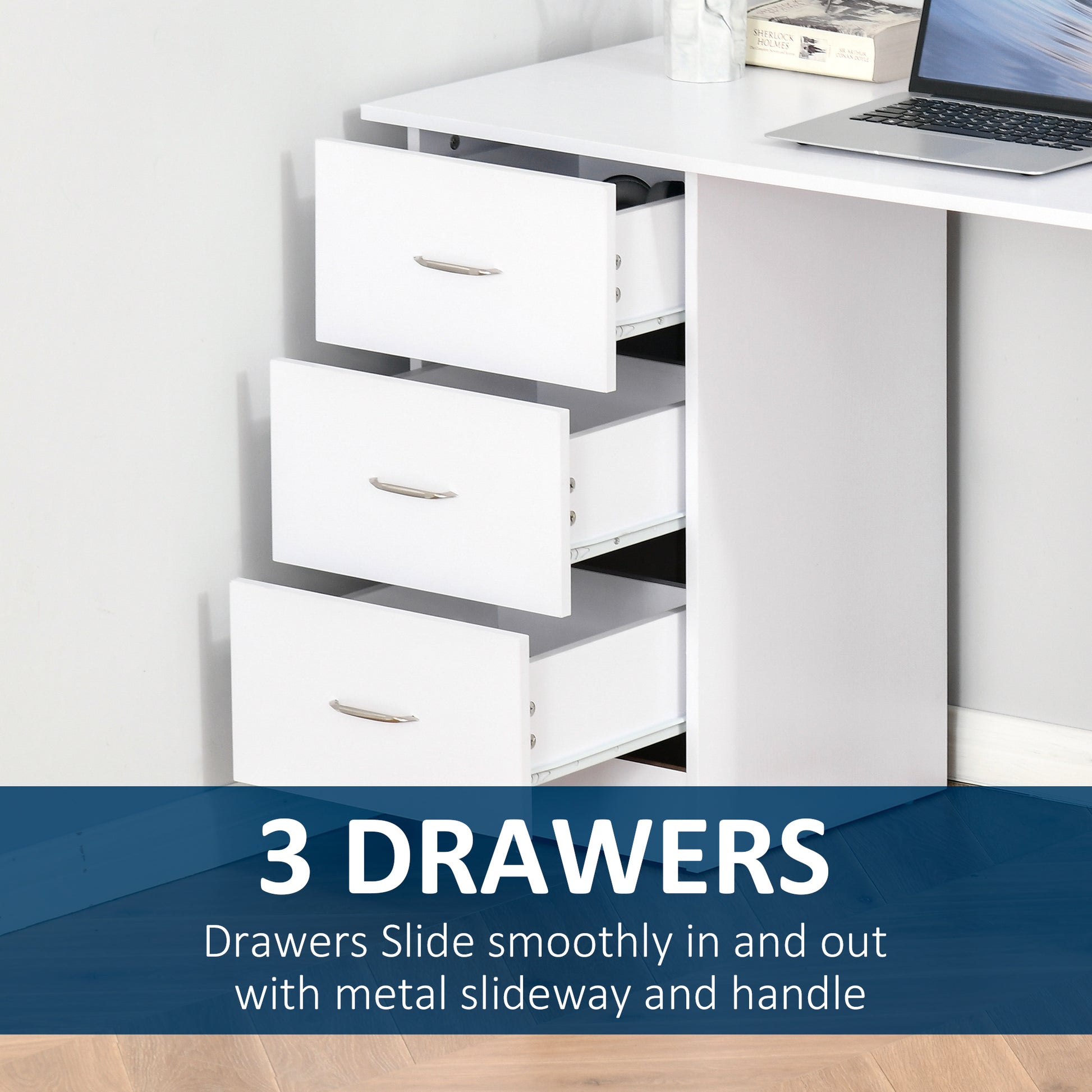 White desk with three smooth sliding drawers and silver handles