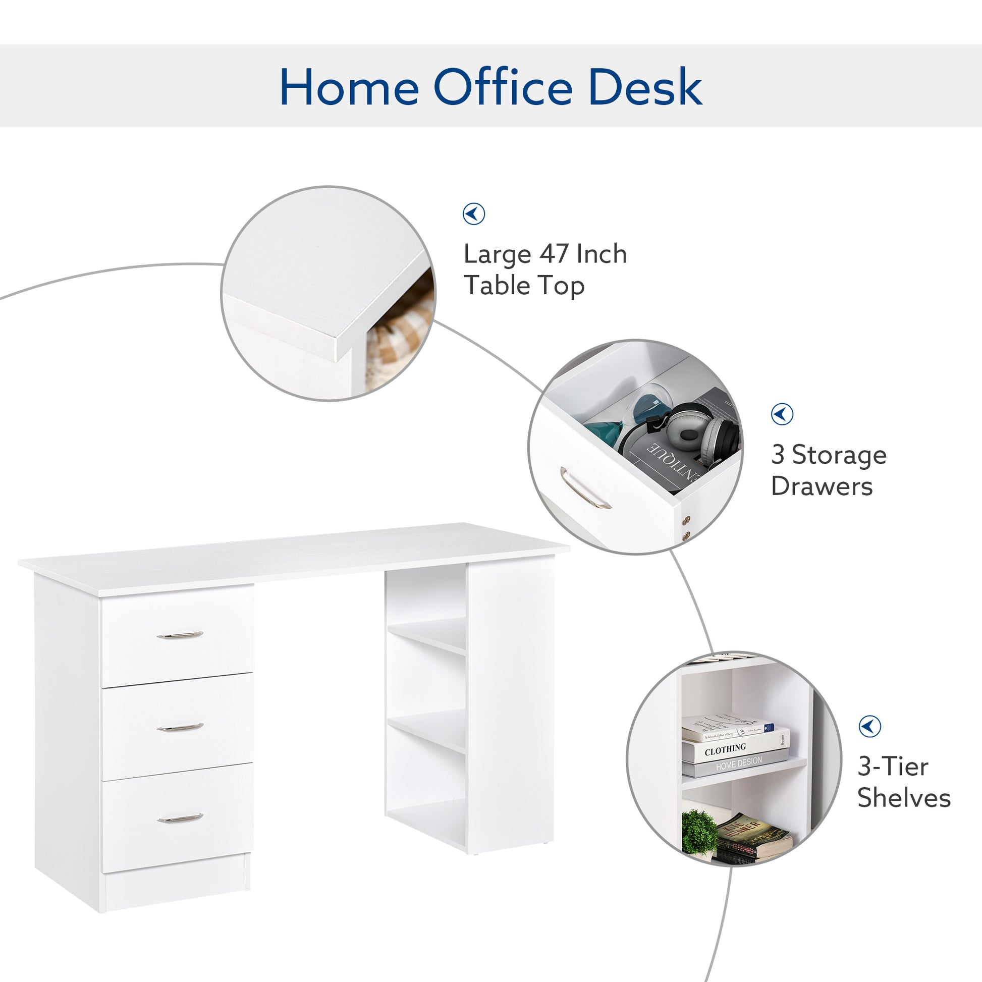 White modern home office desk with  drawers and open shelving