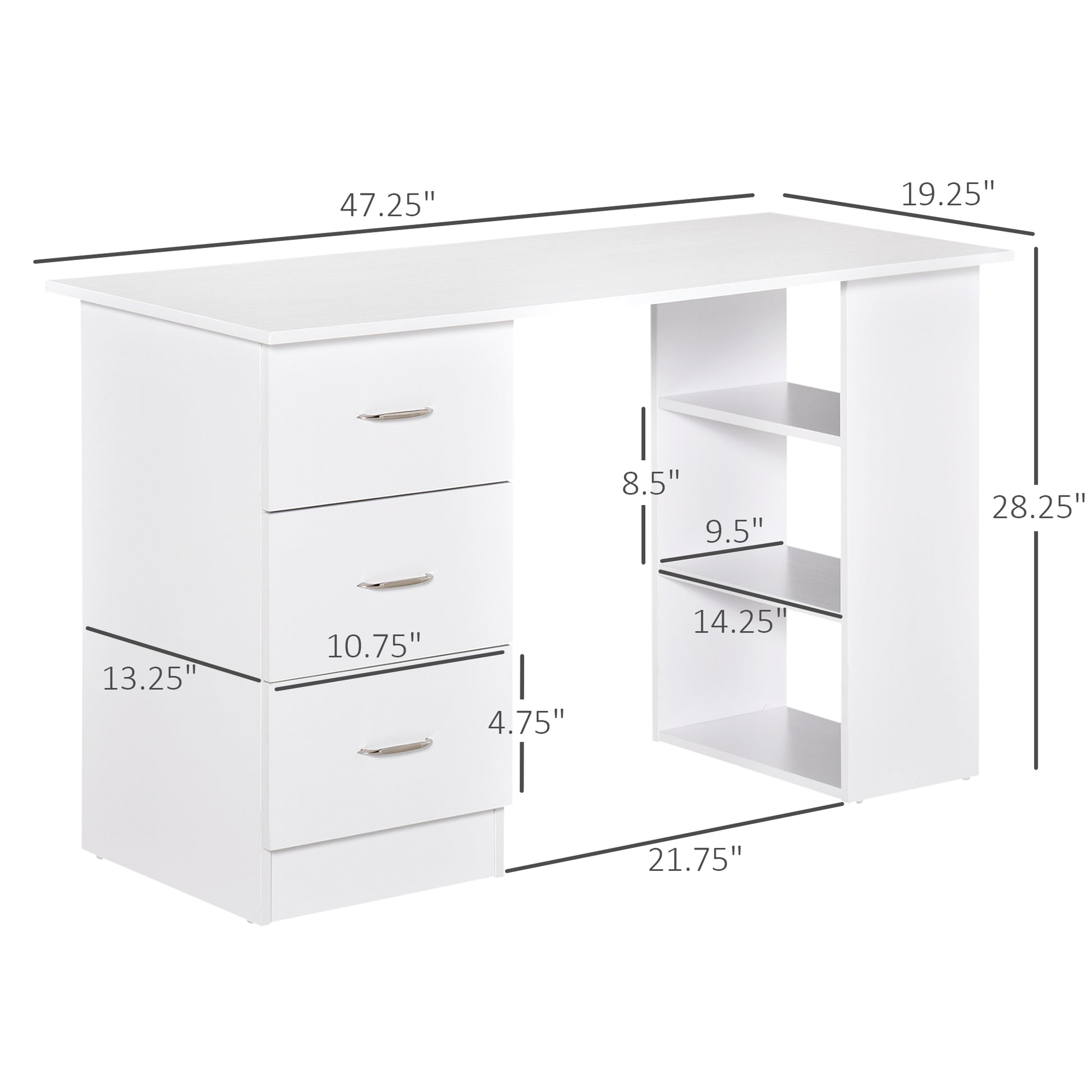 White modern computer desk with three drawers and open shelving