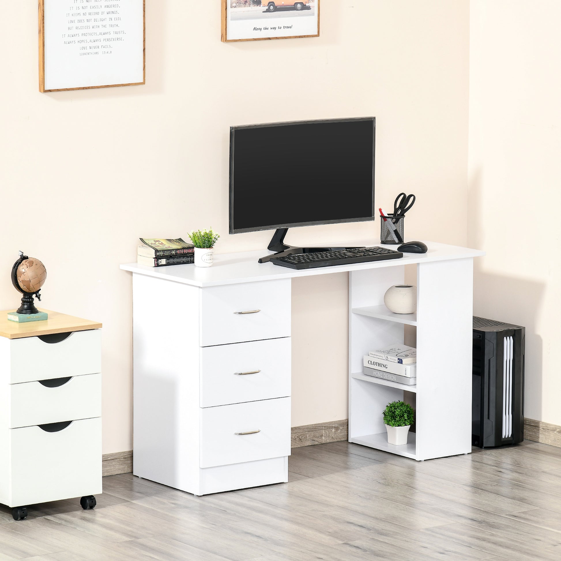 Modern white computer desk with drawers and open shelves for home office setup
