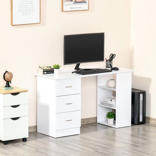 Modern white computer desk with drawers and open shelves for home office setup