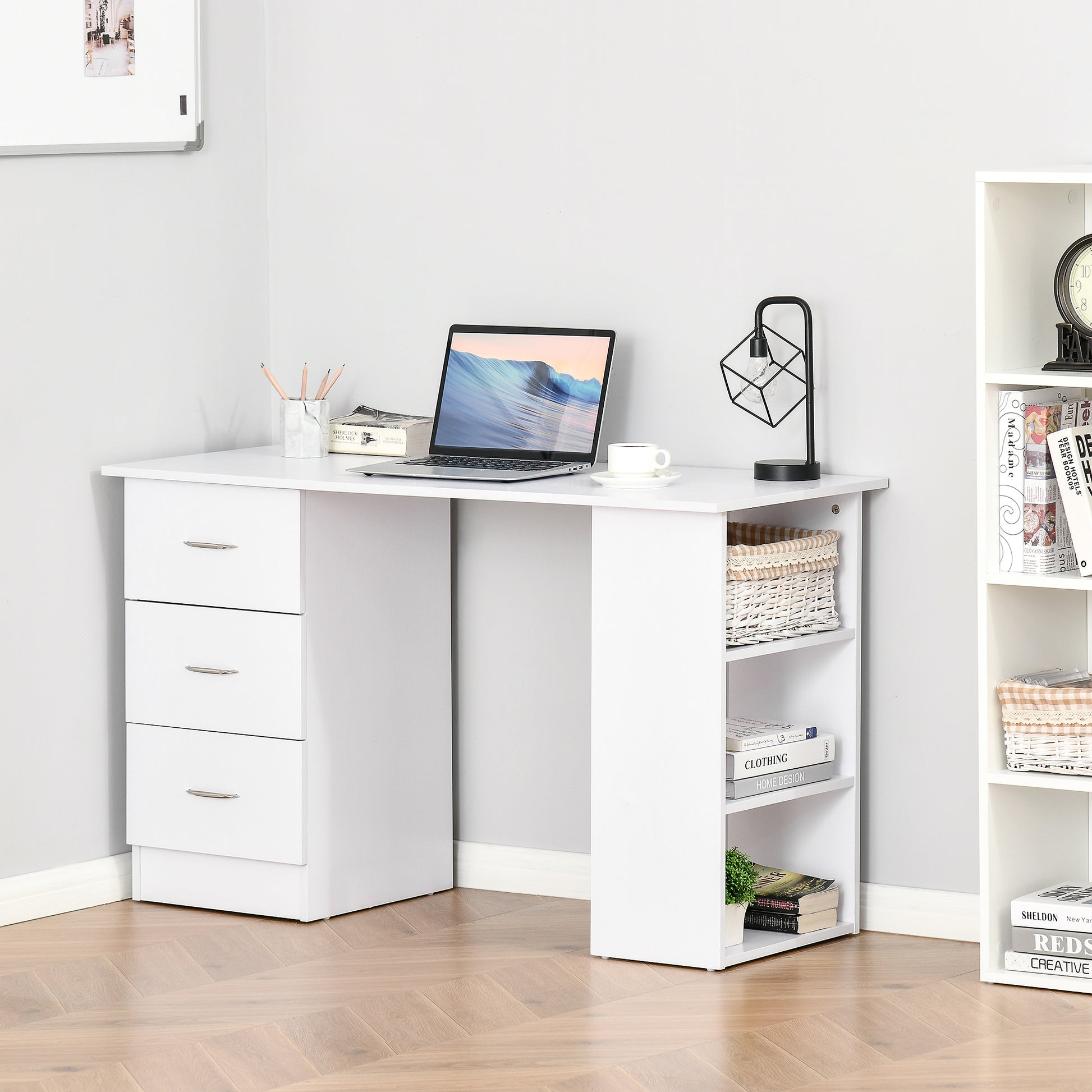 White modern desk with three drawers and open shelving for home office use