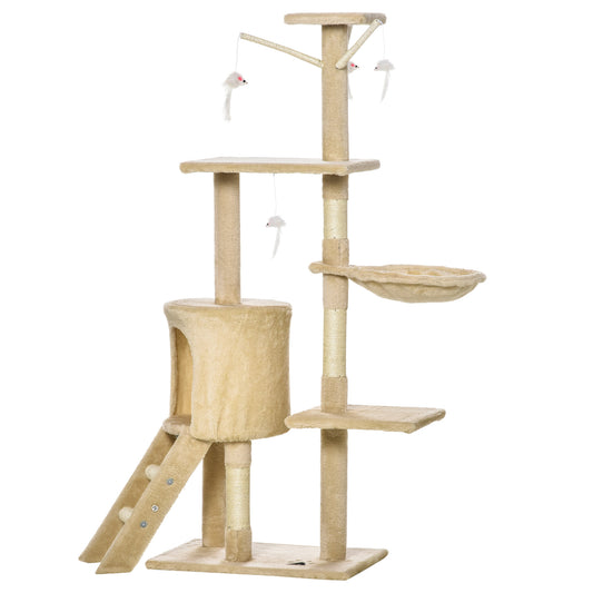 Multilevel beige cat tree with sisal scratching posts and hanging toys