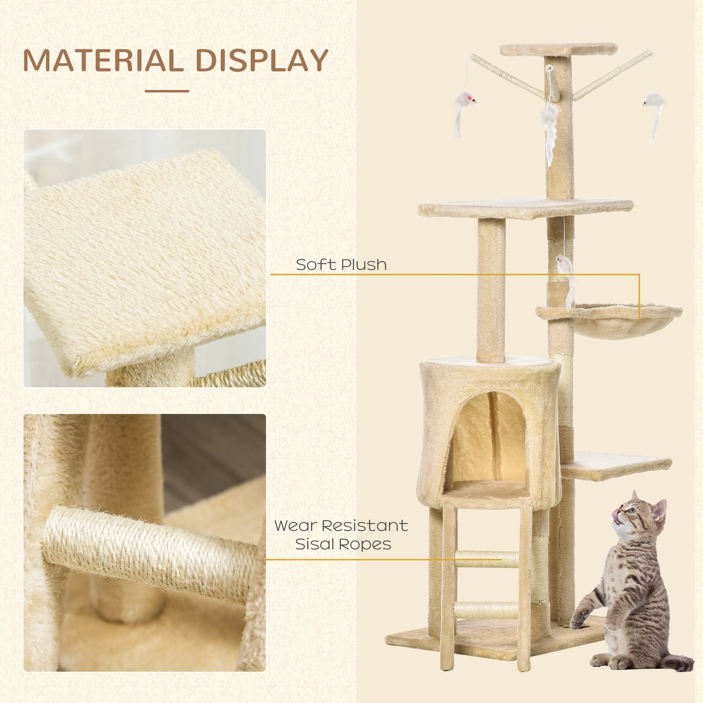 Beige plush cat tree with multiple levels and hanging toys for playful cats