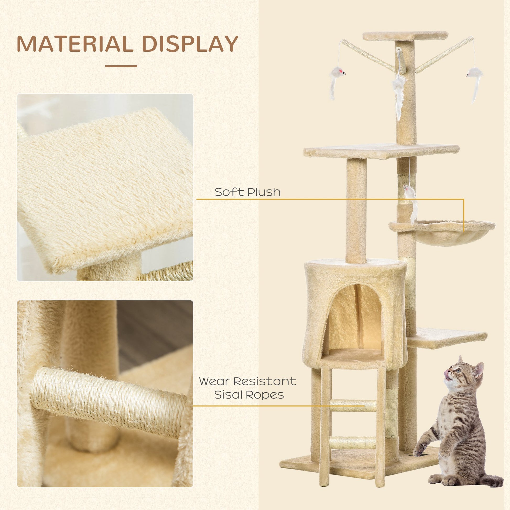 Beige plush cat tree with multiple levels and hanging toys for playful cats