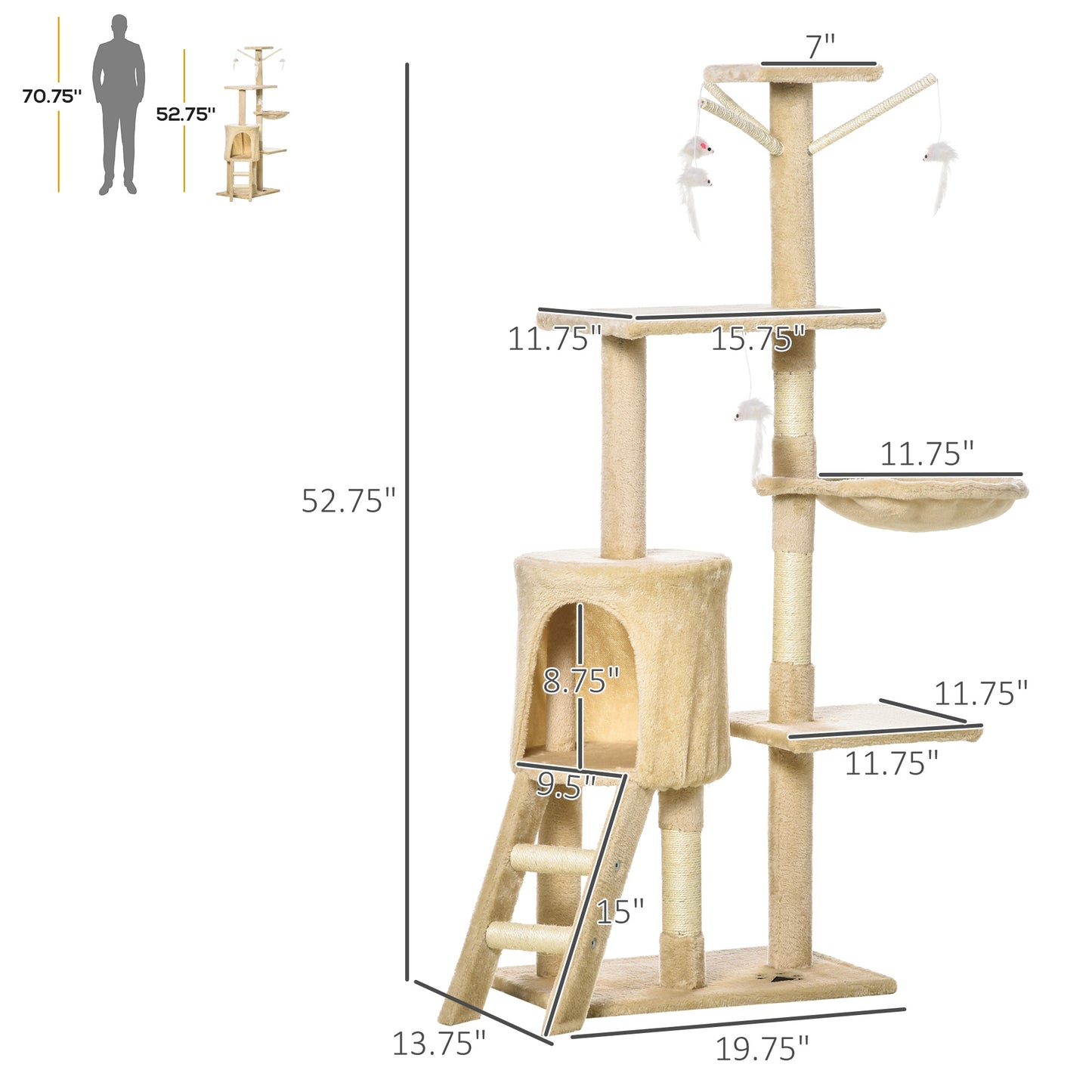 Multilevel cat tree with condo hammock perch and dangling toys in beige plush