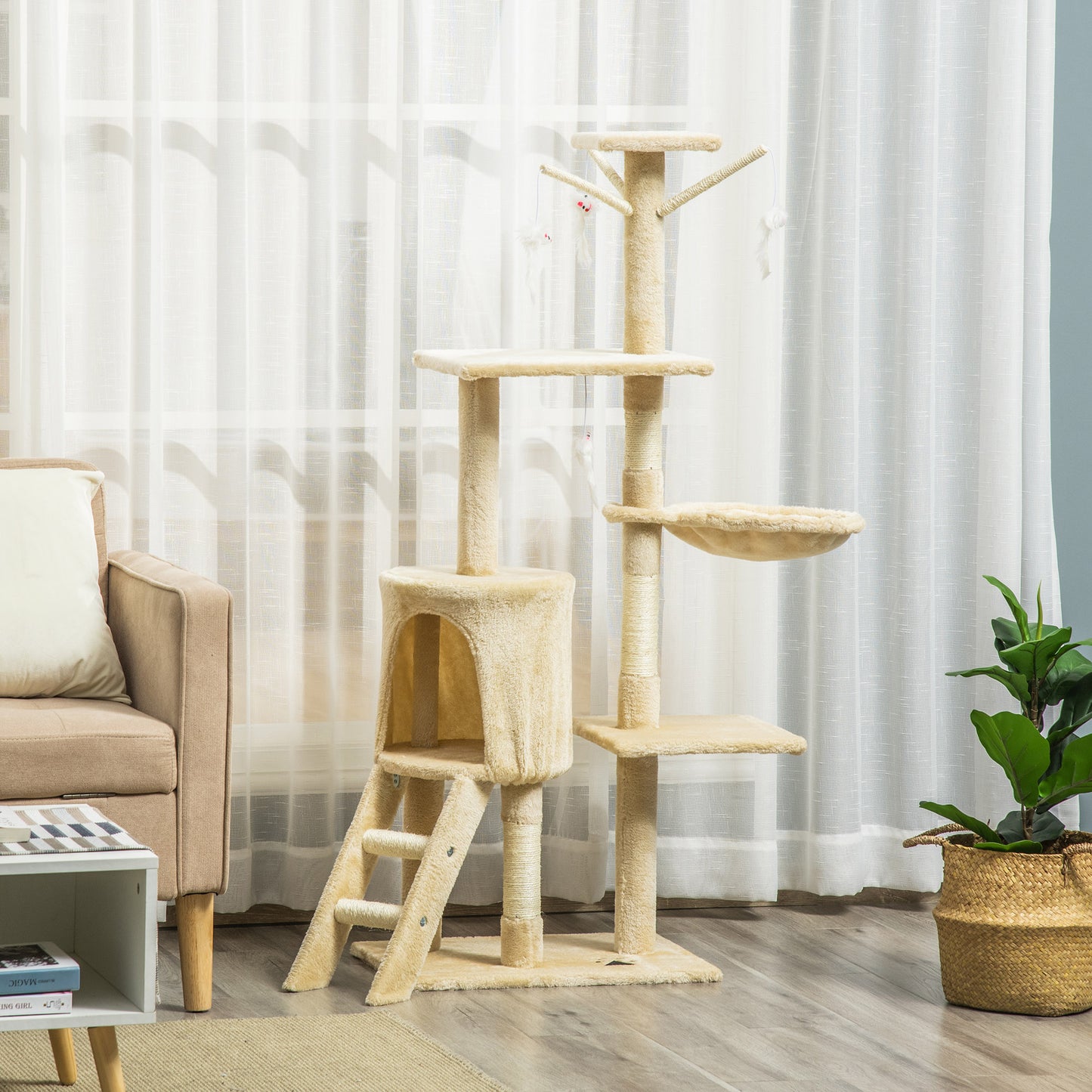 Multilevel beige cat tree with scratching posts perch and hideaway for feline enrichment