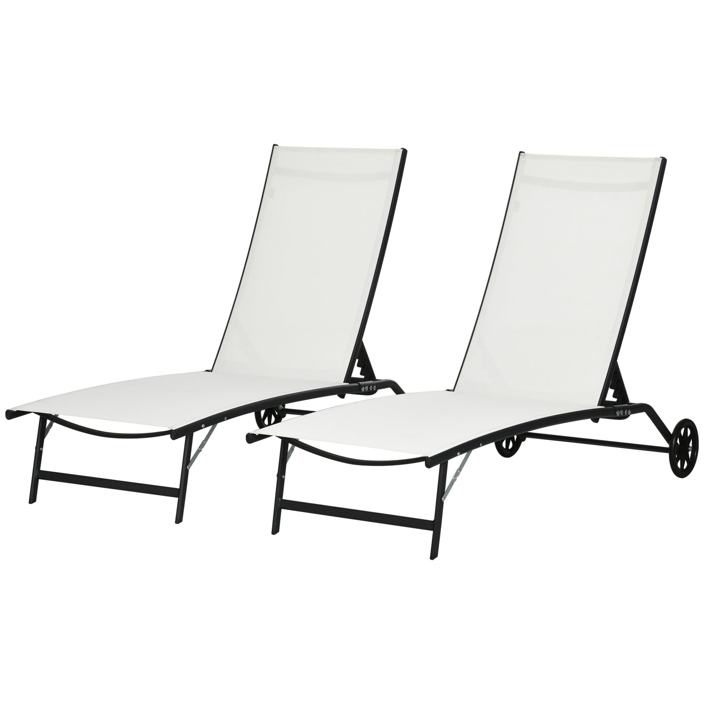 Two white mesh outdoor chaise lounge chairs with black frames and wheels
