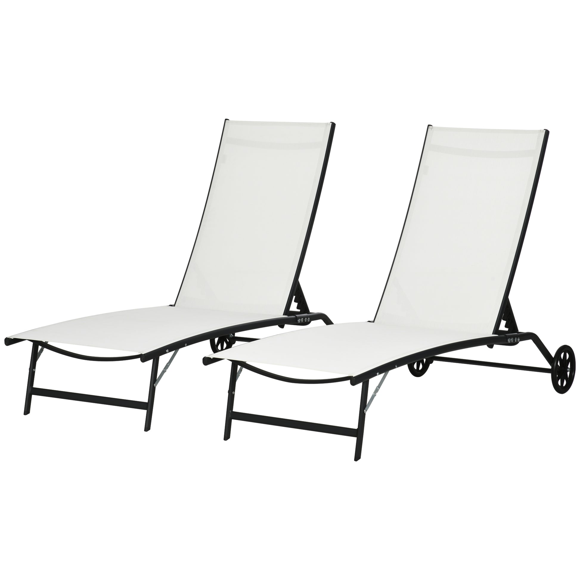 Two white mesh outdoor chaise lounge chairs with black frames and wheels