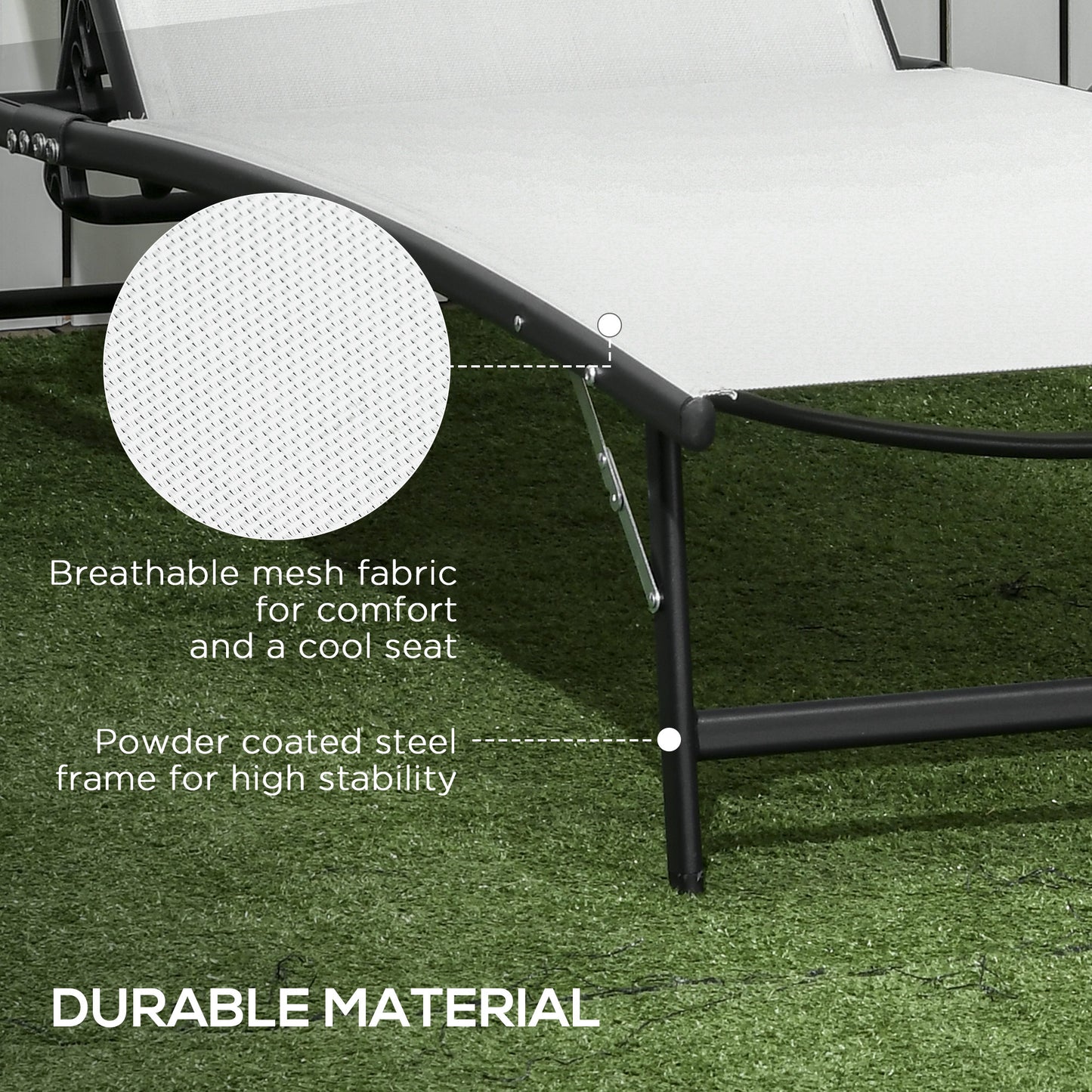White mesh fabric chaise lounge with powder coated steel frame ideal for outdoor relaxation