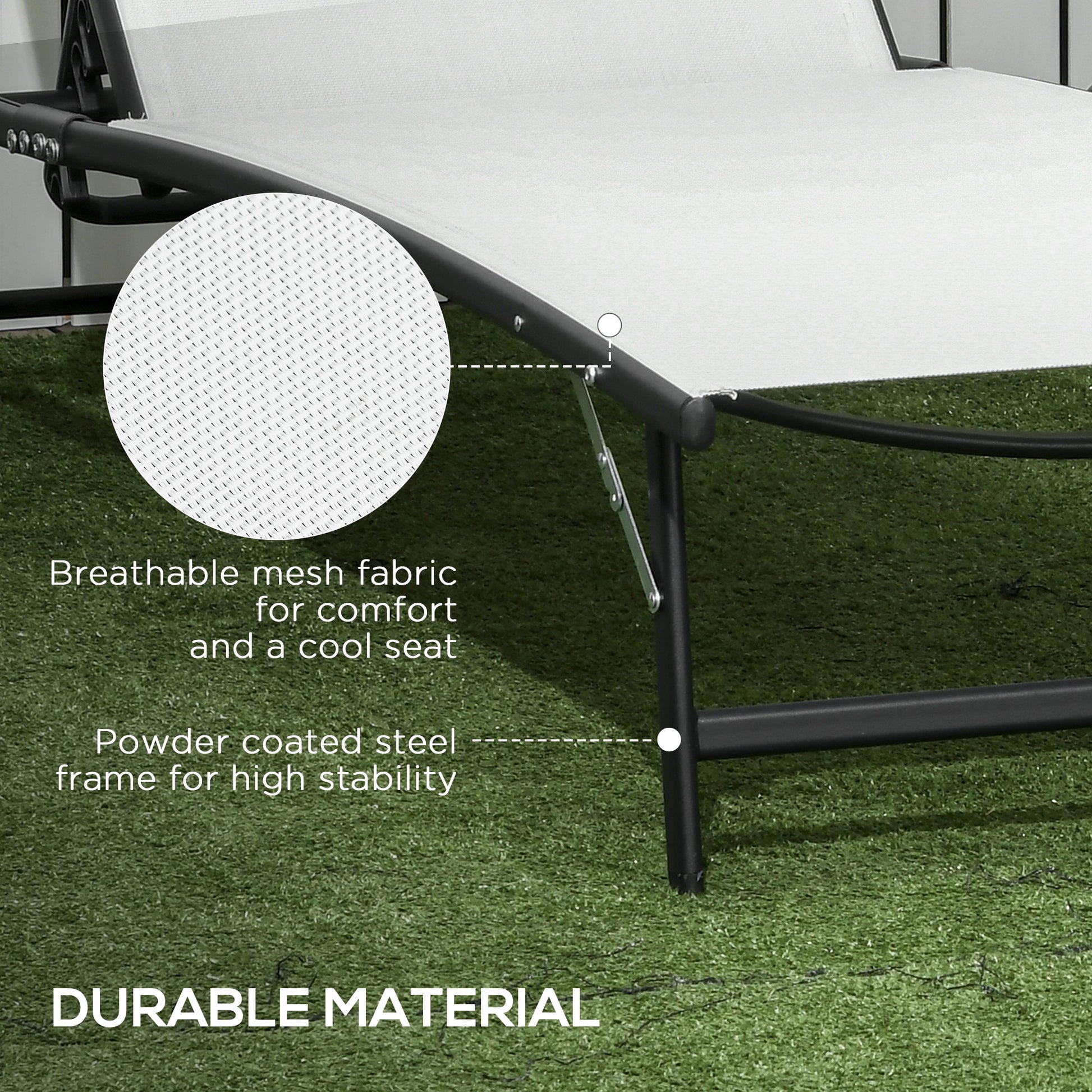 White mesh fabric chaise lounge with powder coated steel frame ideal for outdoor relaxation