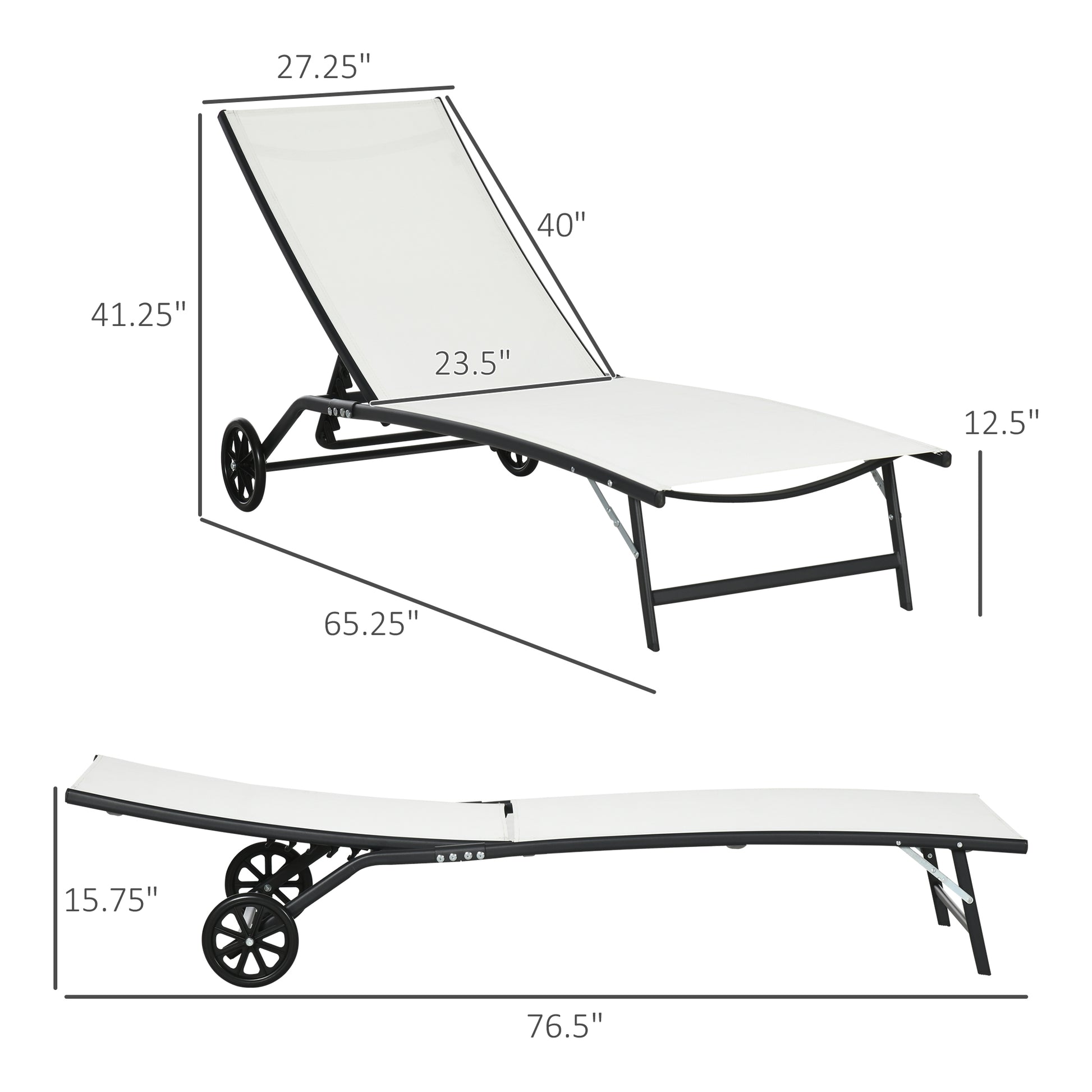 White adjustable outdoor chaise lounge chair with black frame and wheels