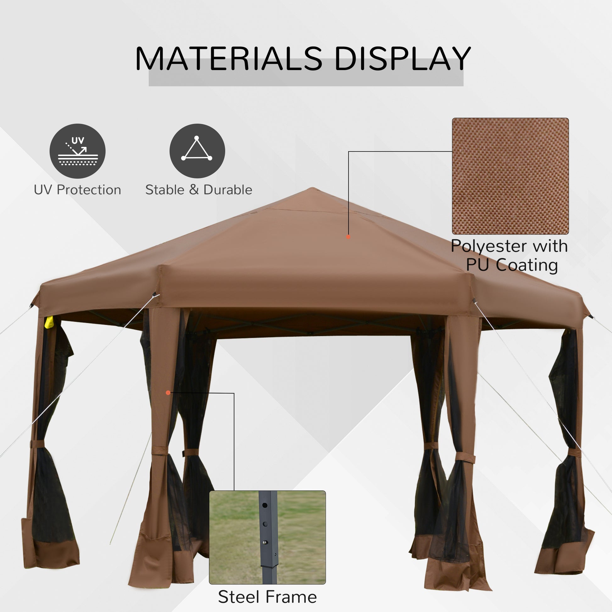 Brown polyester outdoor gazebo with UV protection and PU coating
