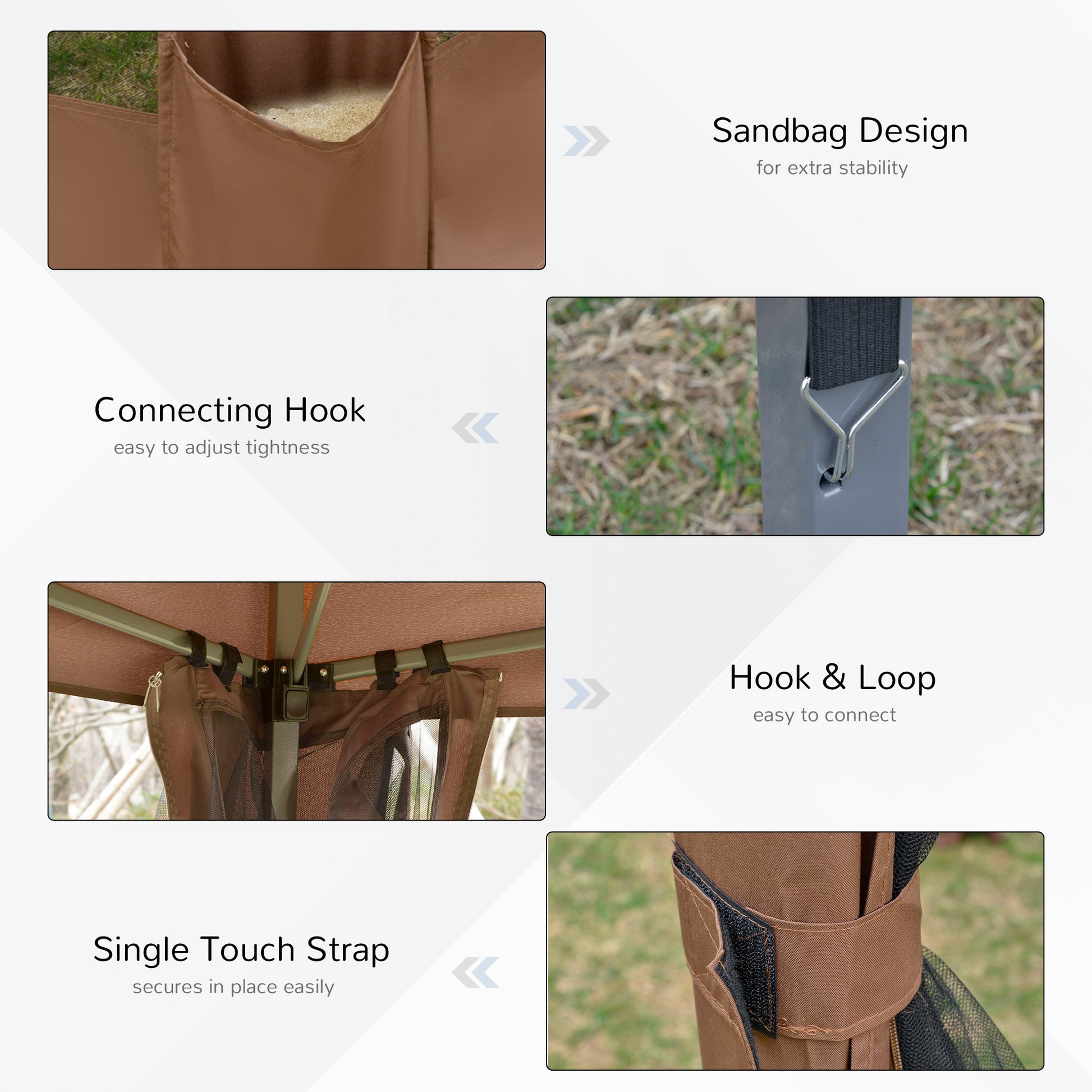 Brown fabric sandbag attachment for canopy stability
