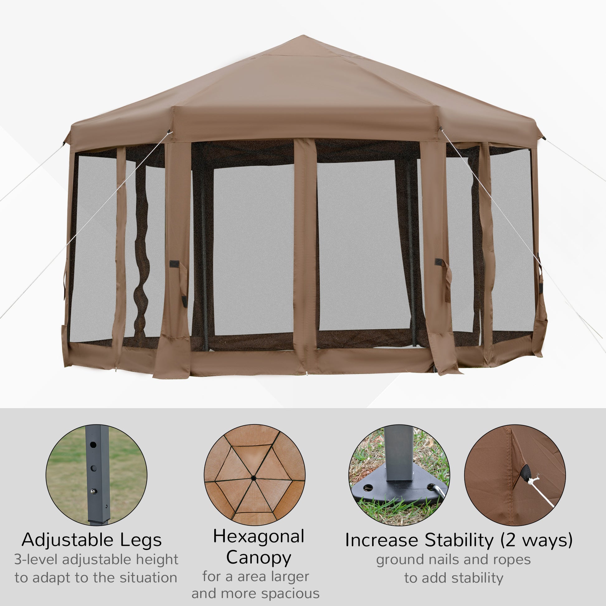 Brown hexagonal outdoor gazebo with mesh screen walls and adjustable legs