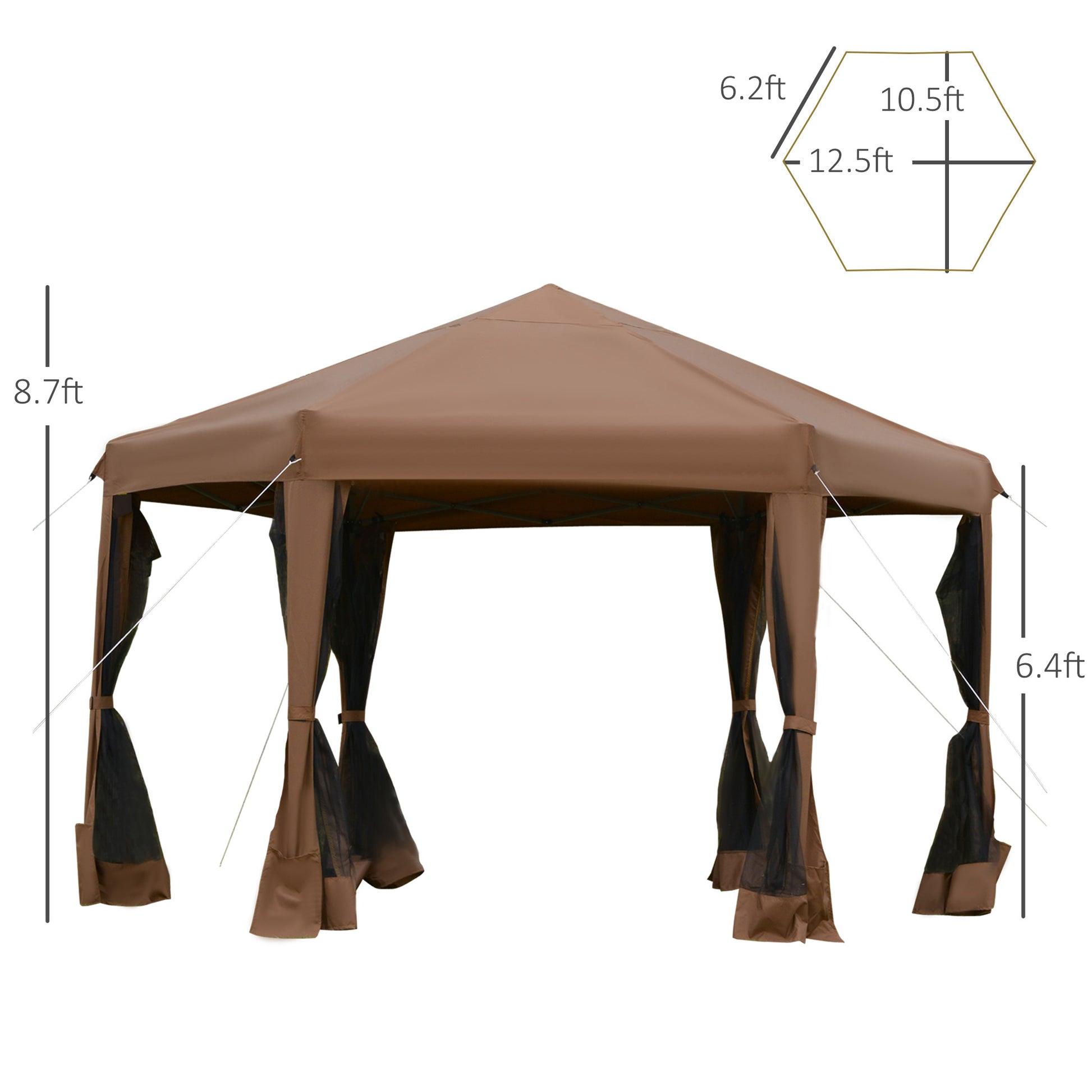 Brown sixsided outdoor popup gazebo with mesh netting and size dimensions labeled