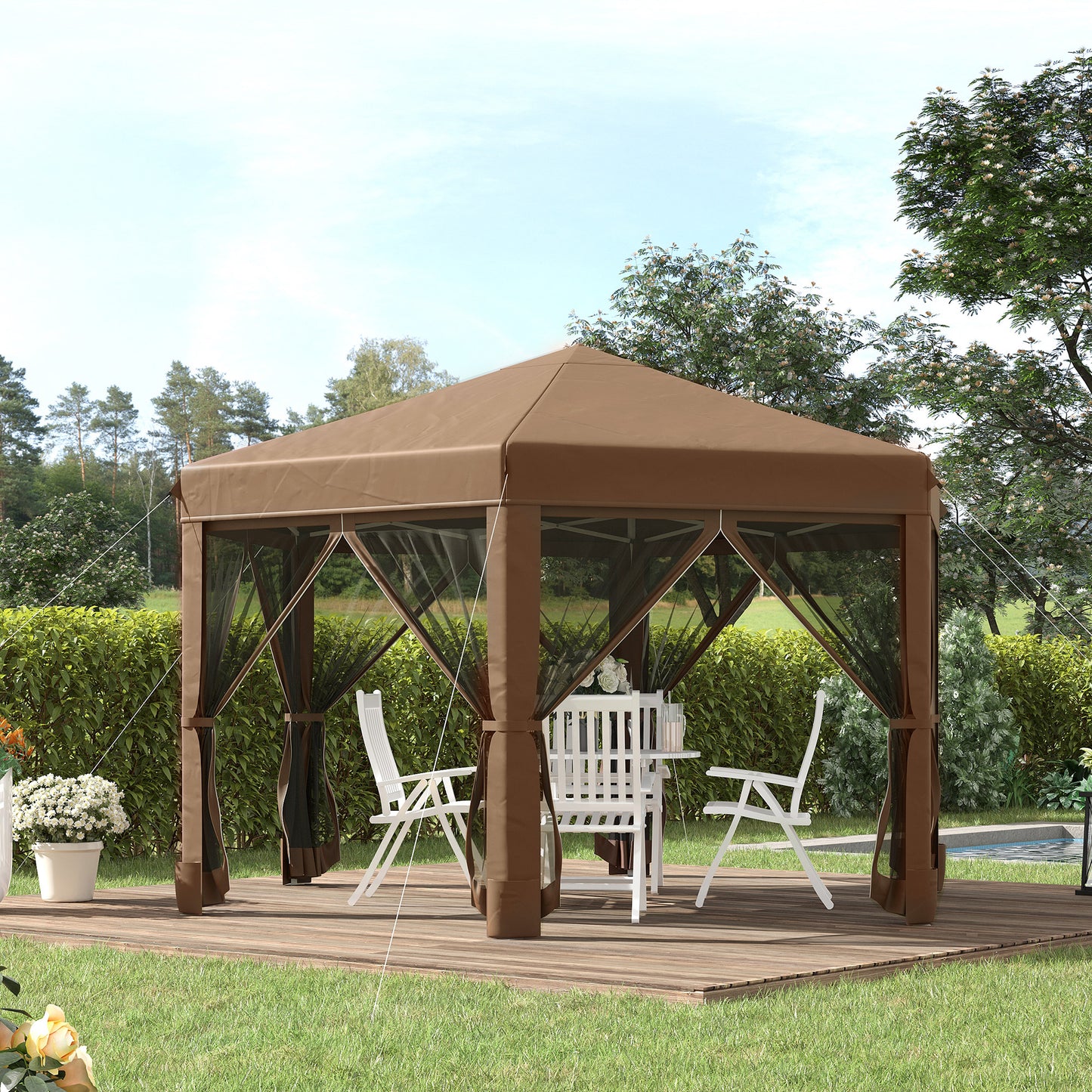 Brown outdoor gazebo with mesh netting and seating for garden relaxation