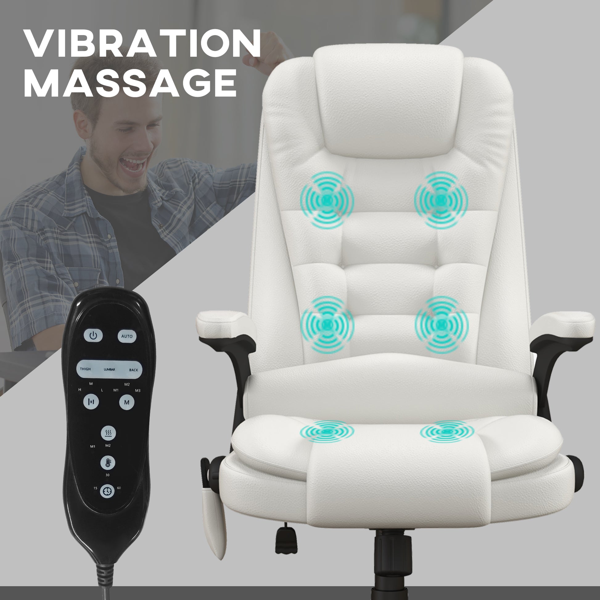 White executive massage chair with  vibration points and wired remote for home office