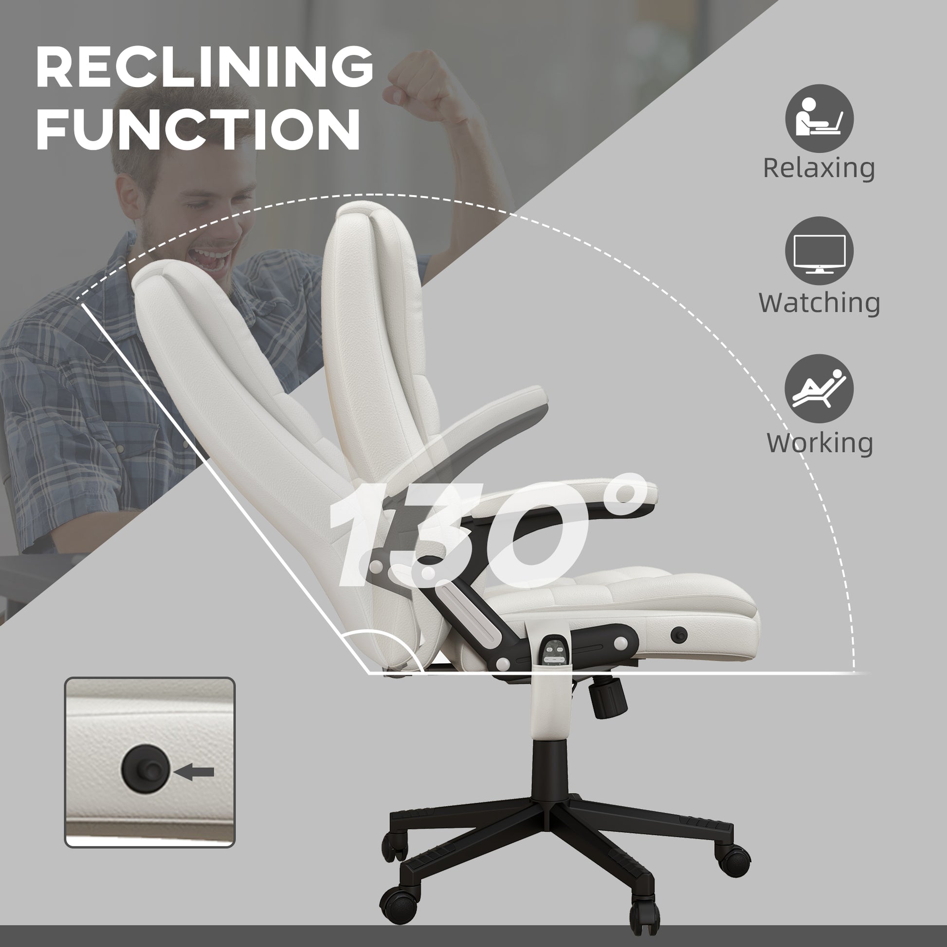 White executive office chair with recliner function shown at  degrees for watching
